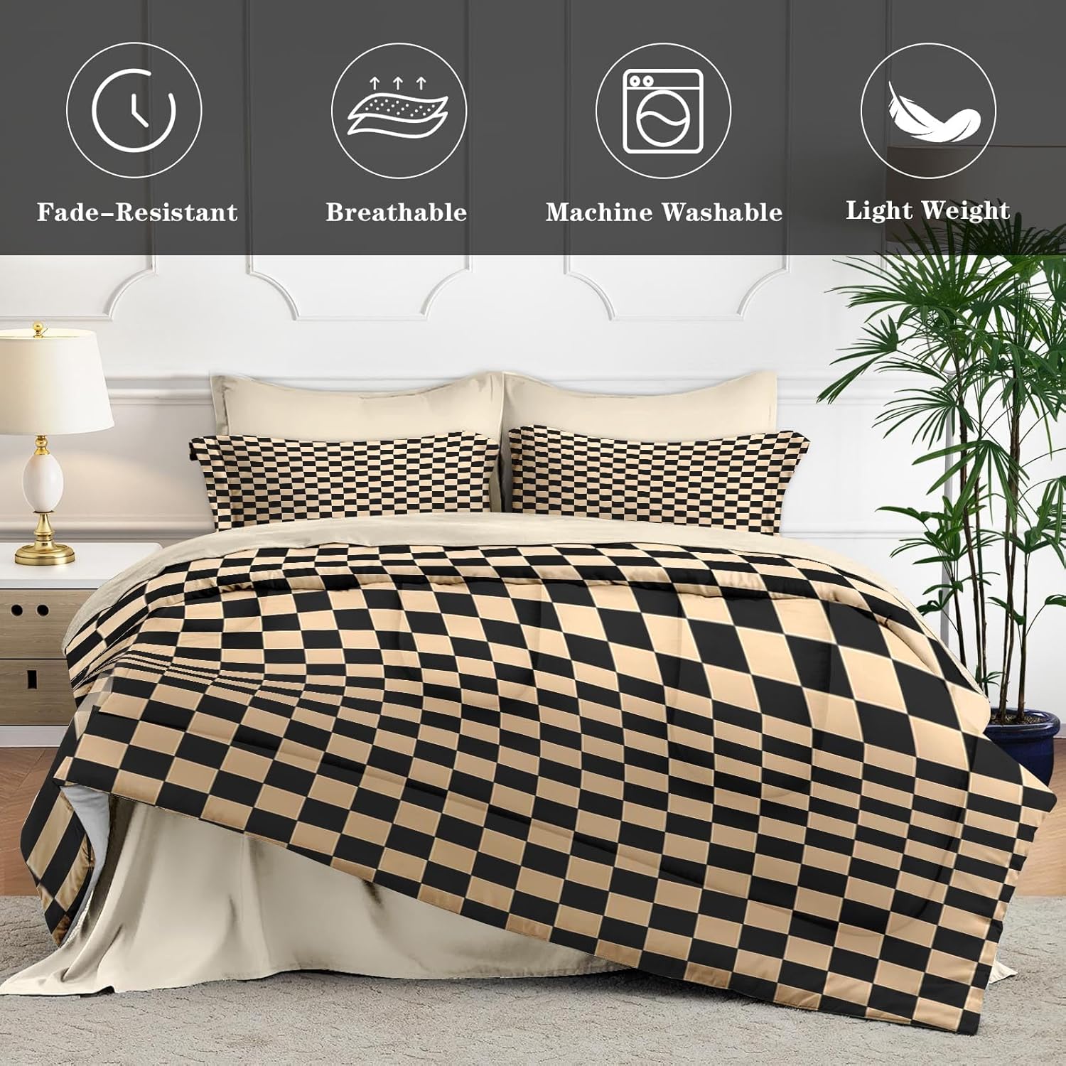 Checkerboard Grid Geometric Plaid Khaki Black Comforter Set 7 Pcs Queen Size Quilt, Checkered Retro Soft Bedding Set with Flat and Fitted Sheet Pillowcases Sham for Adults Bedroom Bed Decor