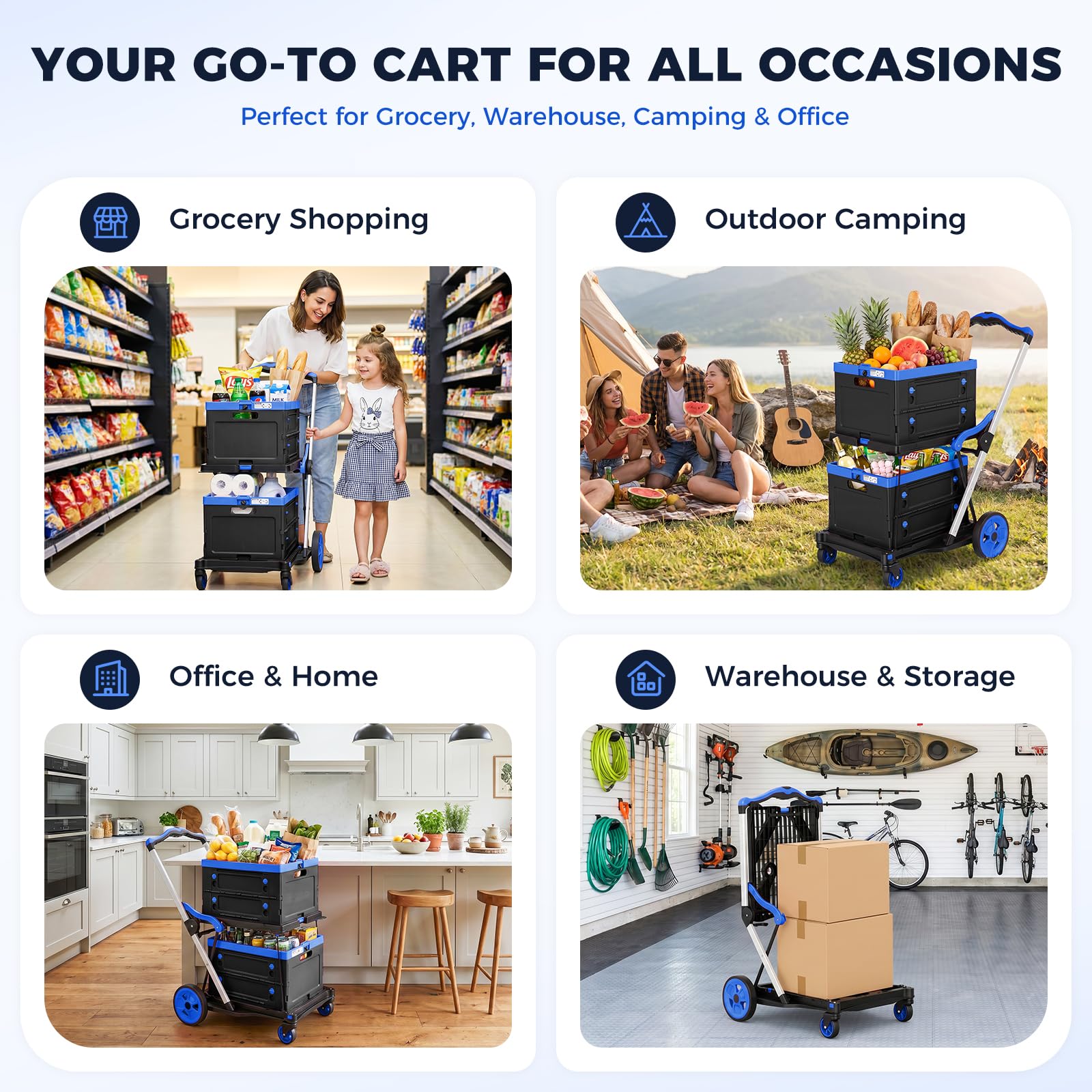 Carrito de compras plegable con ruedas, capacidad de 200 libras, carrito de comestibles con ruedas con caja de almacenamiento, carretilla de mano de plataforma con freno de pie