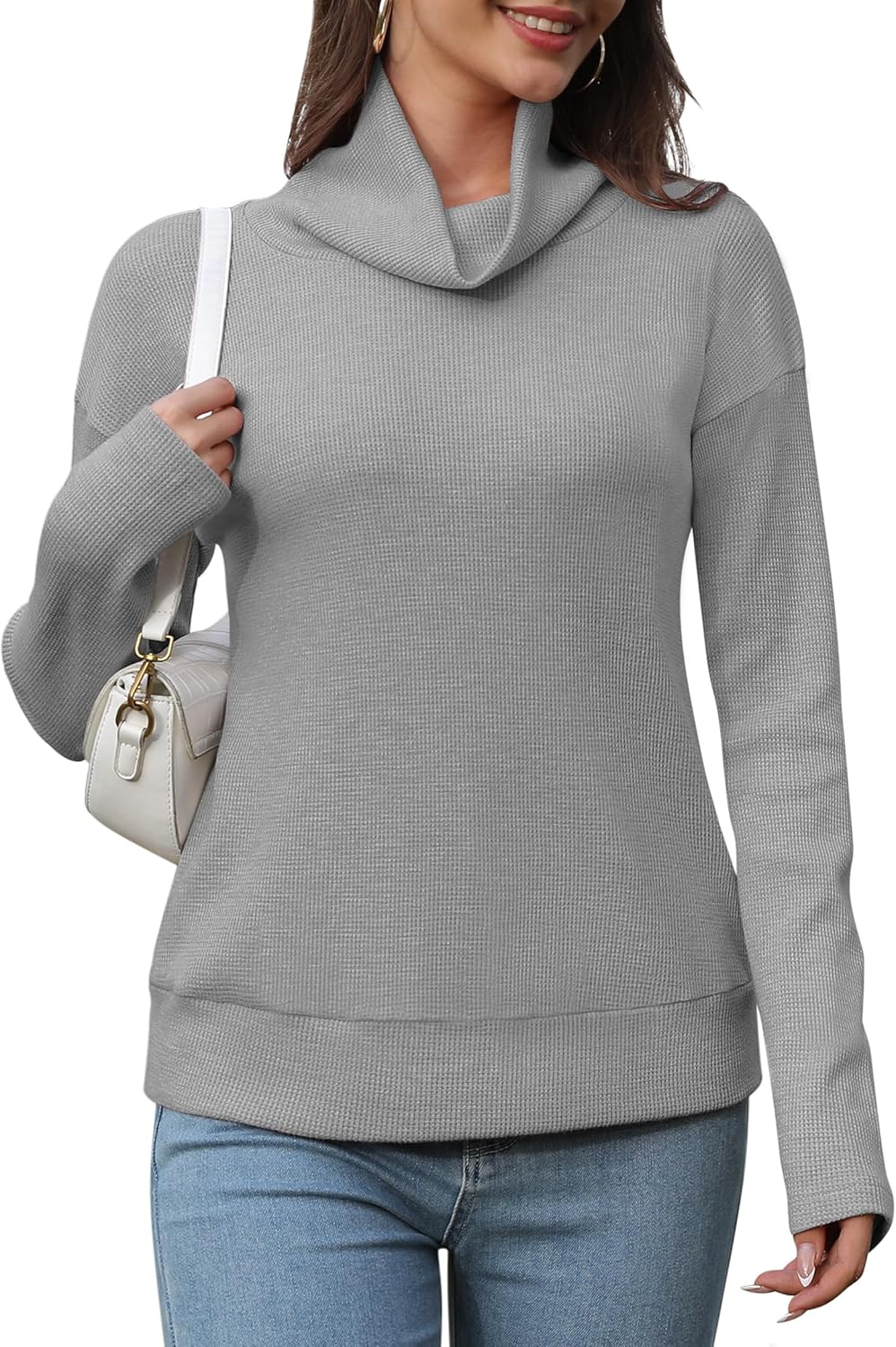 Women’s Turtleneck Long Sleeve Shirts Casual Waffle Knit Tops Loose Pullover Sweaters