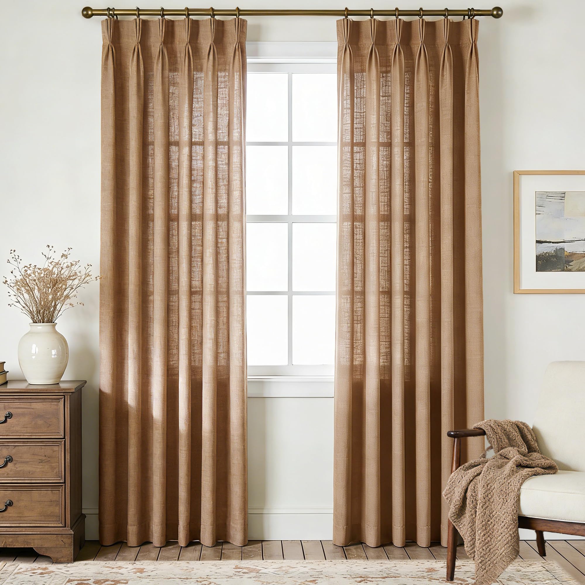 View 1 of ** similar not exact *** Brown Pinch Pleated 84 inch Long Linen Curtains 2 Panels Set for Living Room Track System Curtains Neutral Modern Elegant Light Filtering Semi Sheer Linen Blend Pinch Pleat Drapes 84 Length