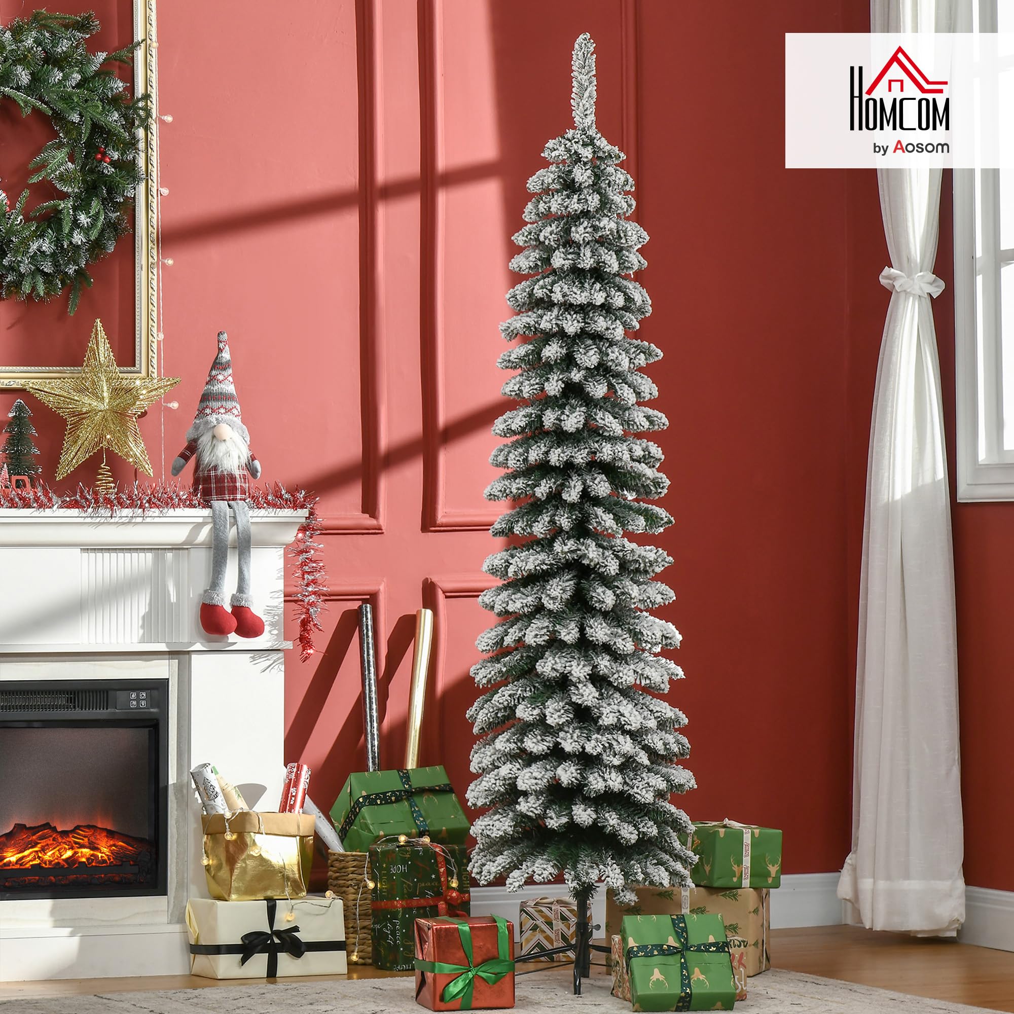 HOMCOM Künstlicher Weihnachtsbaum 180 cm mit Kunstschnee, 395 Spitzen | Tannenbaum Künstlich, Christbaum Weihnachtsdeko, inkl. Metallständer, für Drinnen