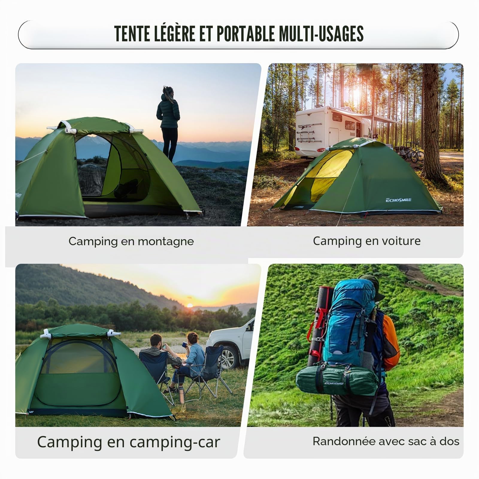 EchoSmile Tente de Camping, 2/3 Personnes Ultra Légère Tente Facile à Installer, 4 Saison Imperméable Ventilée pour Trekking Randonnée Camping
