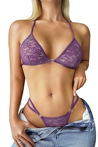 RSLOVE Sexy Lace Lingerie Set - Exotic Lingerie for Women 2 Piece Bra and Panty Set Heart Ring Bralettes Underwear - X-Large - Purple