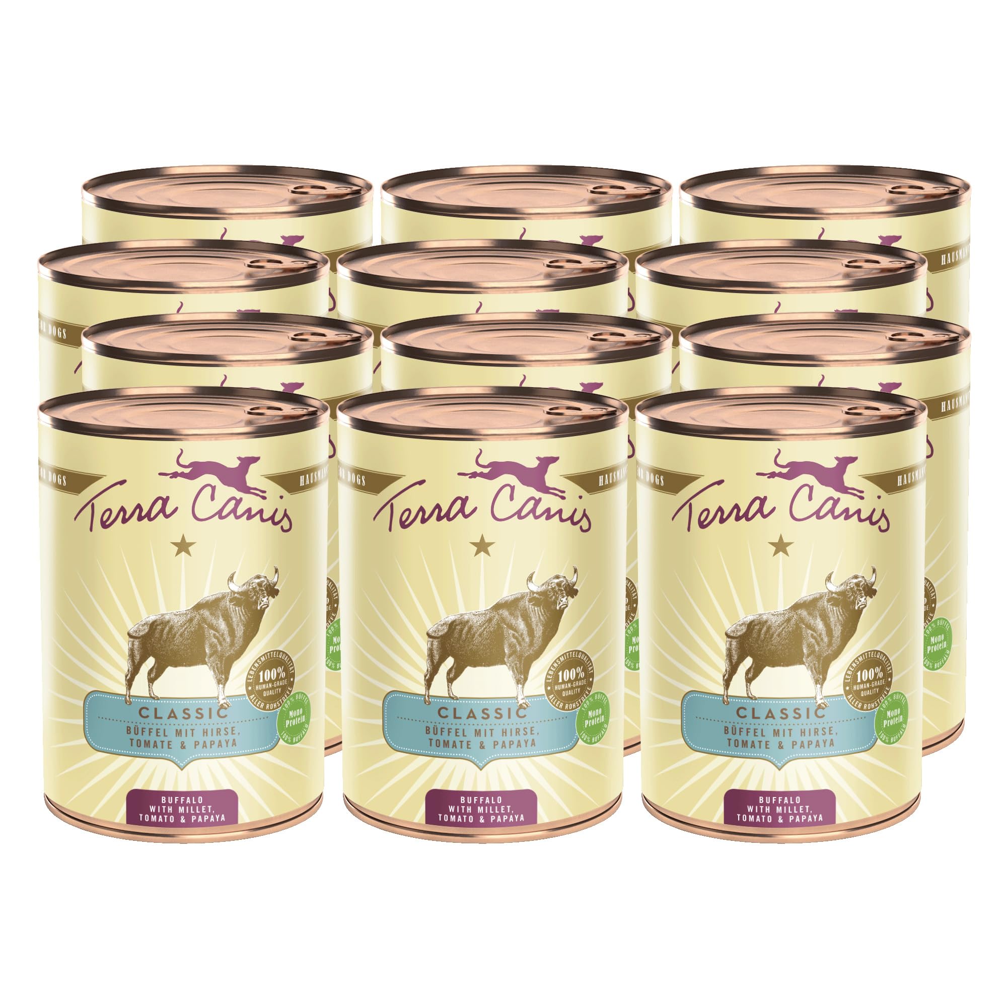 Terra Canis Bufalo con miglio e papaya, cibo Classico per cani, 12x400g | Materie prime di qualità alimentare al 100%, con carne fresca e interiora nutrienti, senza glutine e povero di cereali