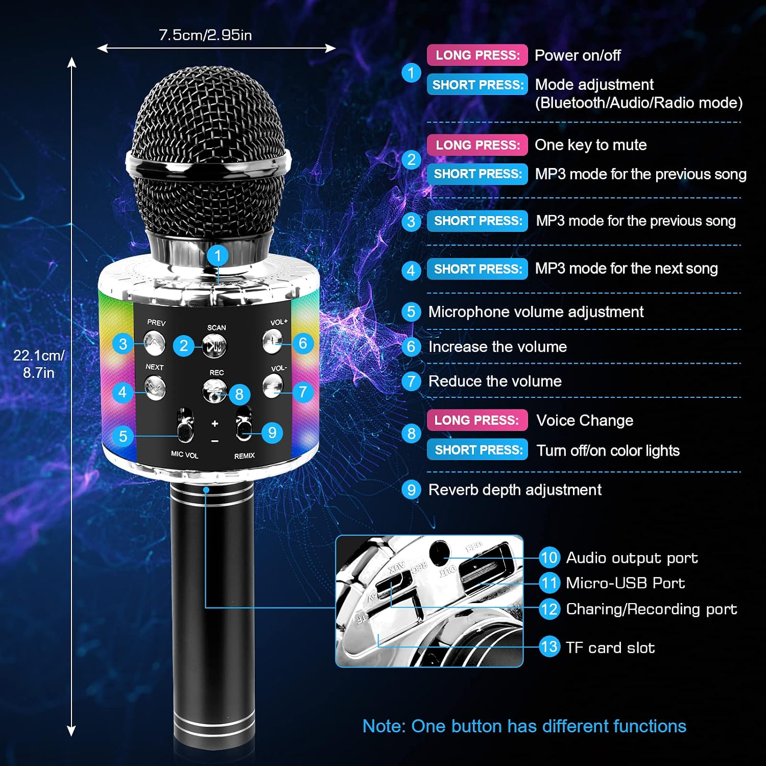 Icnice Wireless Bluetooth Karaoke Microphone 2 Pack, 5-in-1 Portable Handheld Karaoke Mic Speaker with Flashing Light for Singing Compatible with TV/Phone/PC Karaoke Machine（Black）