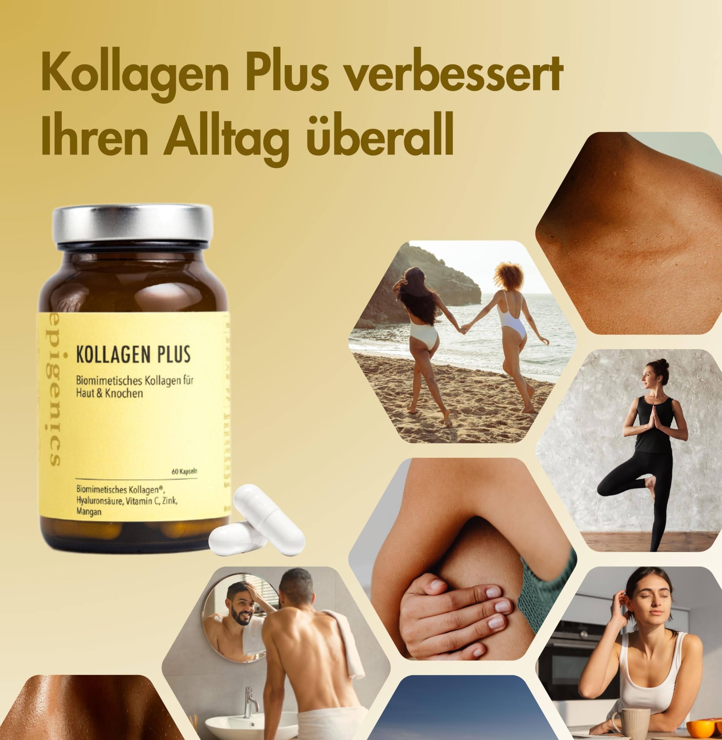 Epigenics Collagène Plus Capsules à l'acide hyaluronique (pour 30 jours) - Collagène végétalien et biomimétique - Comprimés complexes pour la peau, les cheveux, les ongles, les articulations et les os
