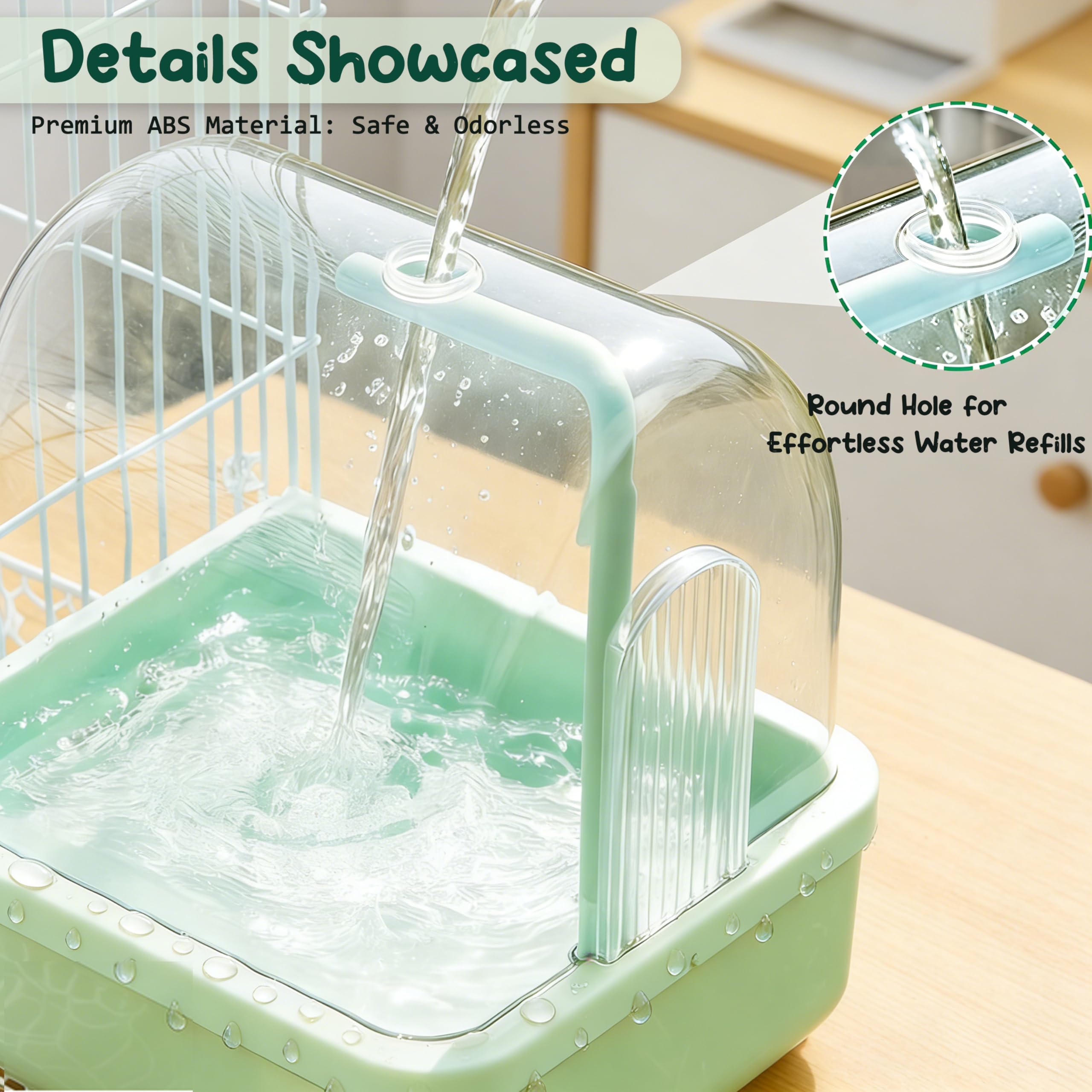 Bird Bath for Cage Parakeets, Indoor Cockatiel Bathtub Shower with Pump, Parrots Shower Accessories for Birdcage, Parrot Bathtub with Shower Running Water for Finches, Canaries, Lovebirds (Green) - image 3