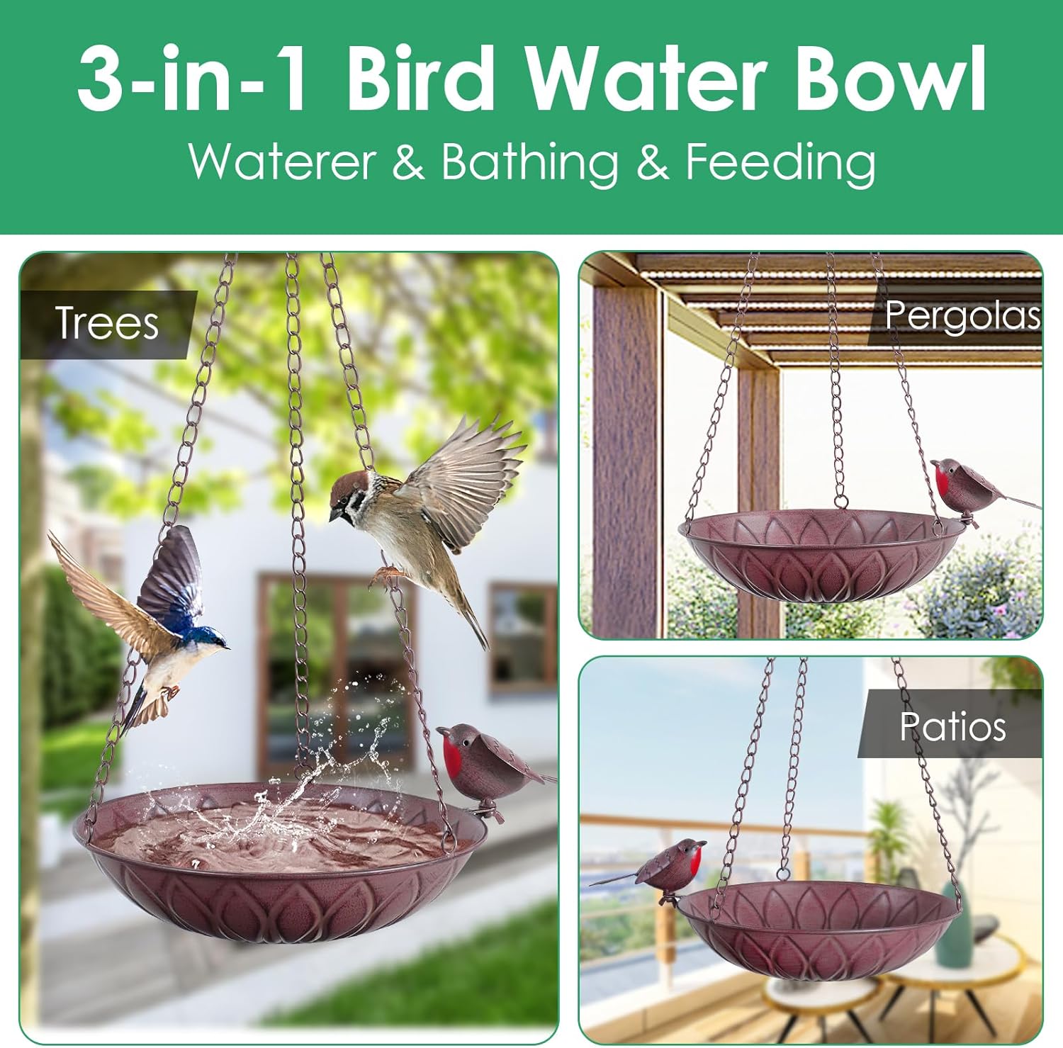 2 Pack Hanging Bird Bath for Outdoors, Metal Birds Feeder & Water Bowl with Chains and S-Hooks, Garden Birdbath Tray for Patio Porch, Tree Branch, Backyard Yard Decor (Rustic Brown)
