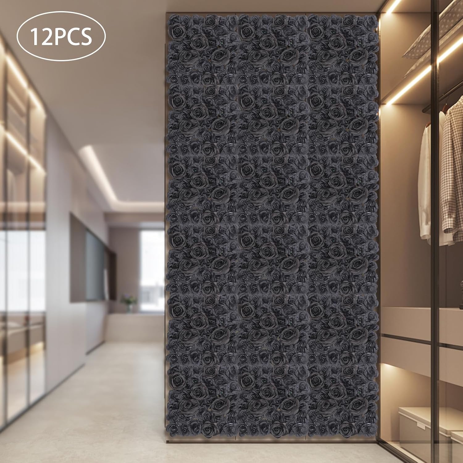 Flower Wall Panels 12PCS Artificial Flowers Decoration Black Fake Rose Wall Background Arrangements Large Silk Floral Backdrop for Indoor And Outdoor Wedding Decor, Party,Villa, Garage,Funeral (12)