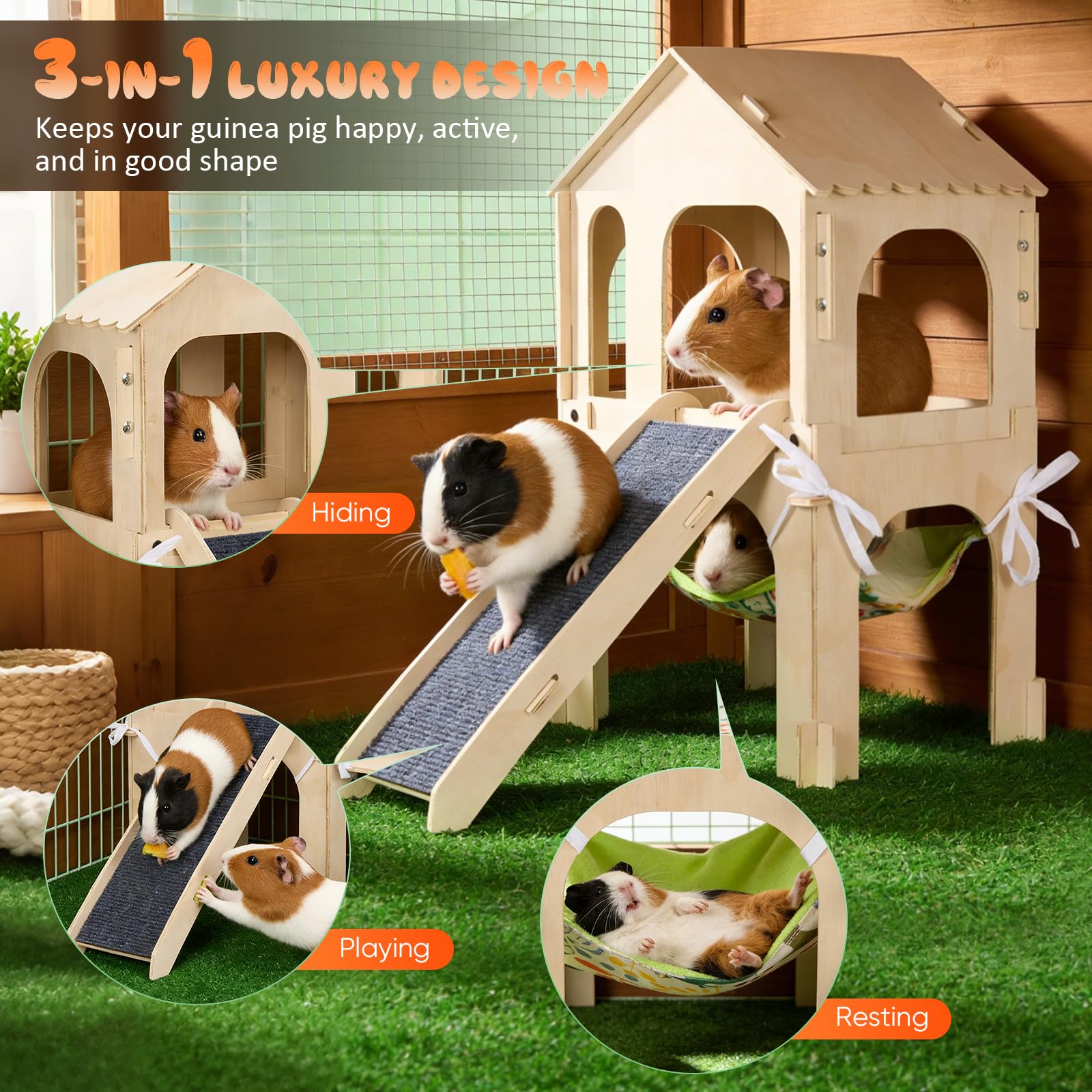 Casa per porcellino d'india in legno 3 in 1 con rampa, amaca e piattaforma | Accessori per porcellini d'india su 2 livelli per gabbie, meerschweinchen zubehoer con tessili lavabili