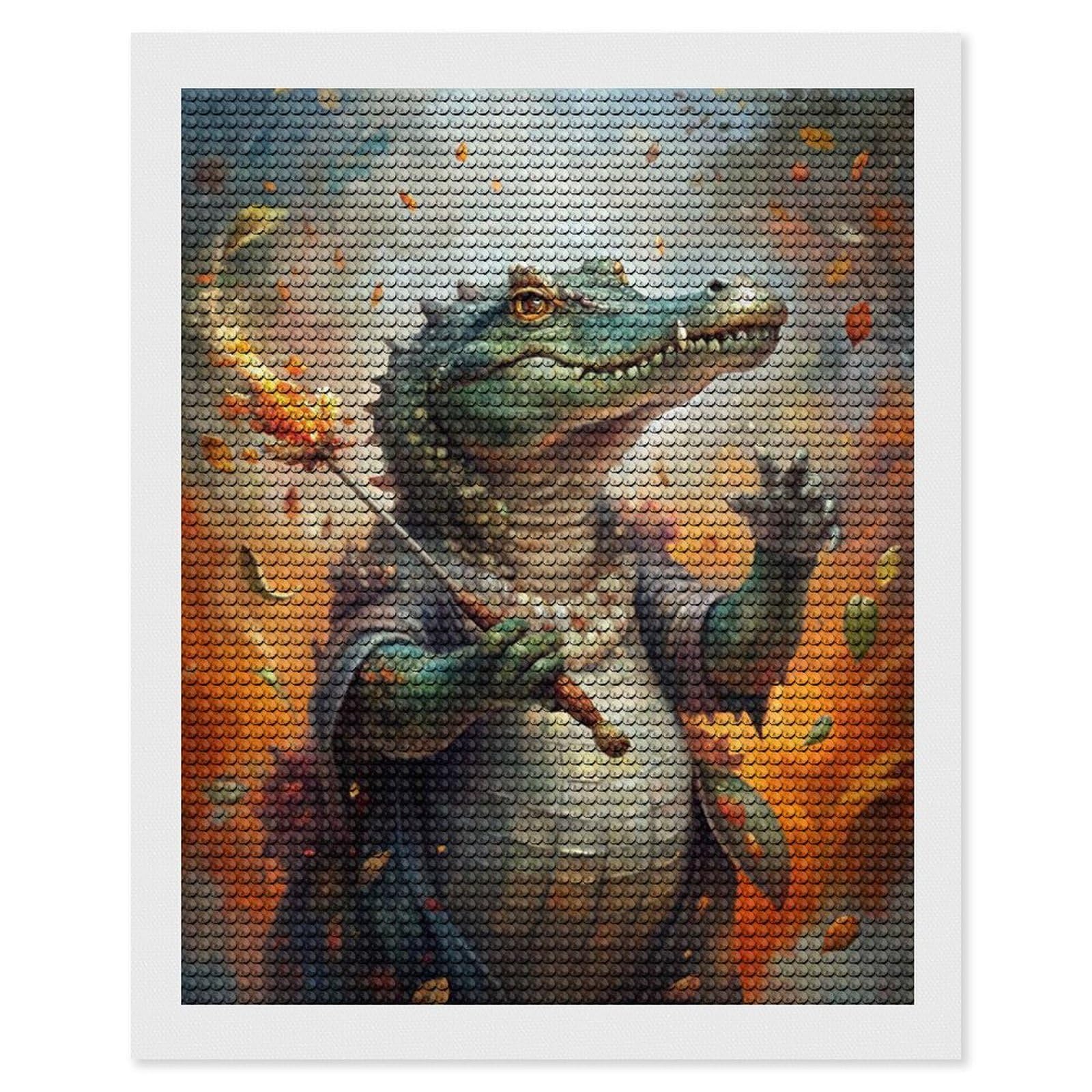Junmoney Alligator Wizard with Fire Staff Diamond Painting Canvas Set 16"x20", Full Kit Included, Calming Craft to Unwind, Farmhouse Decor, Christmas Gift