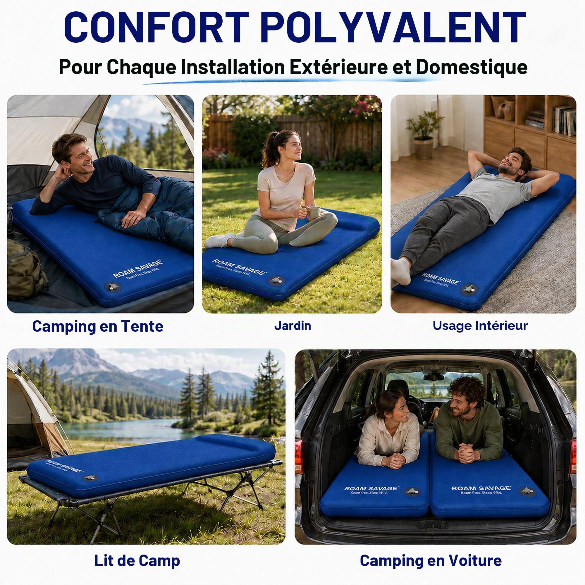 ROAM SAVAGE Tapis de camping autogonflant avec oreiller intégré, léger | R-Value 8.0 Matelas de couchage isolé, usage 4 saisons, pour randonnée, bivouac, terrasse, intérieur, soleil
