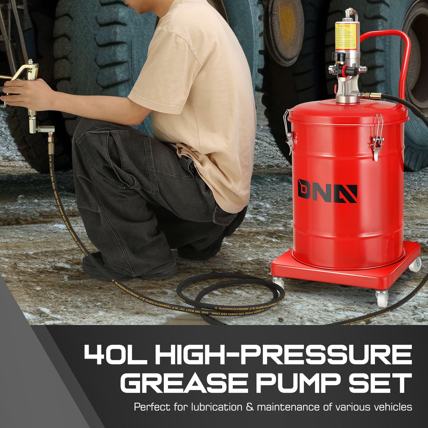 DNA MOTORING 10 Gallon Air Grease Pump, 40L High-Pressure Grease Pump Set, Portable Pneumatic Grease Pump with Wheels, w/ 13ft High Pressure Hose, Grease Gun, TOOLS-00662