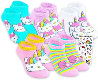 SANRIO Hello Kitty and Friends Socks for Girls Set - Bundle with 5 Pairs of No Show Socks Shoe Size 7.5-3.5 Featuring Cinnamoroll, Kuromi, More Plus Stickers Socks for Kids Ages 5-8