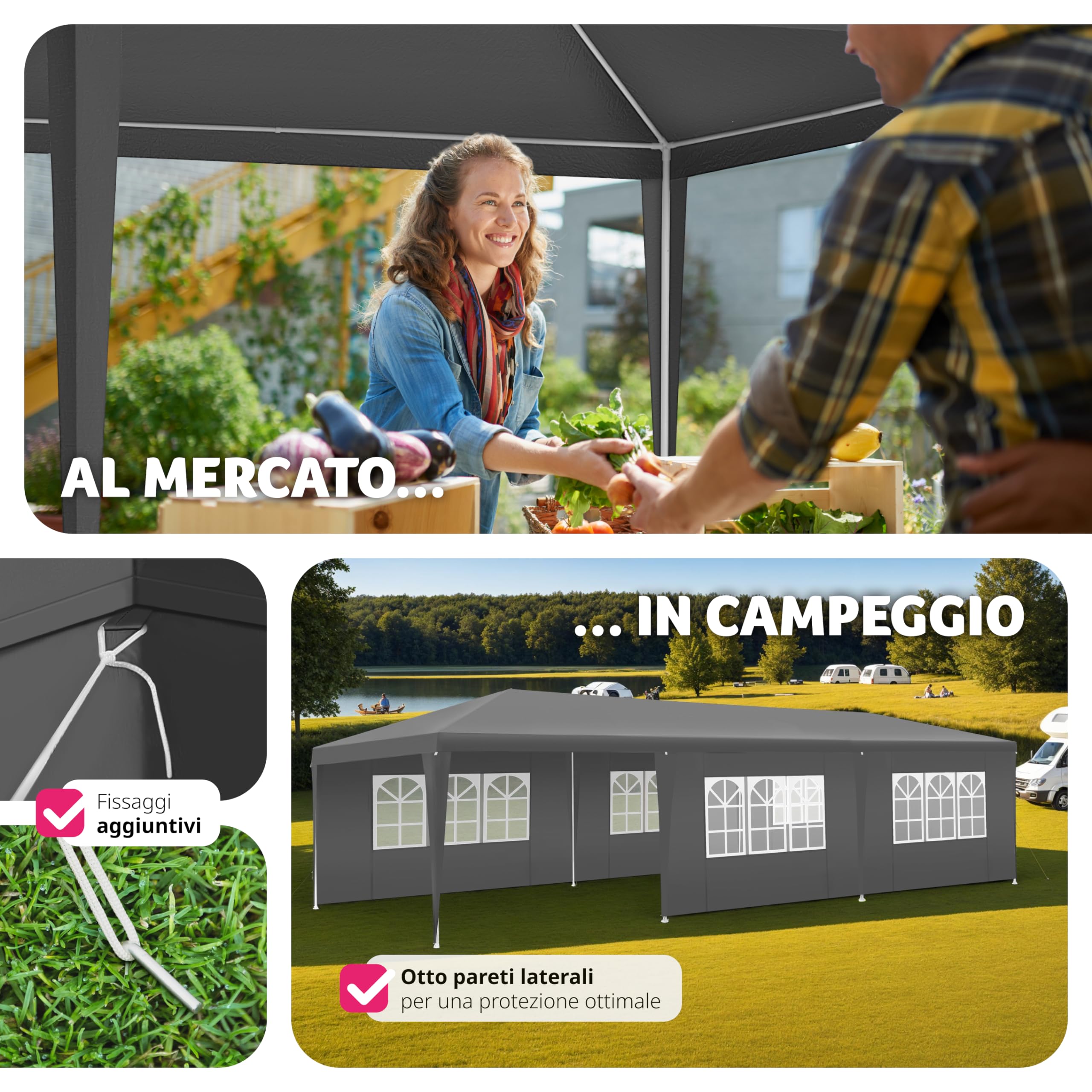 tectake® Tendone per Feste, Padiglione Gazebo Esterno Resistente con 8 Pezzi Laterali, Gazebo da Esterno con Finestre, Impermeabile, Resistente ai Raggi UV, 900 x 300 x 250 cm - Grigio