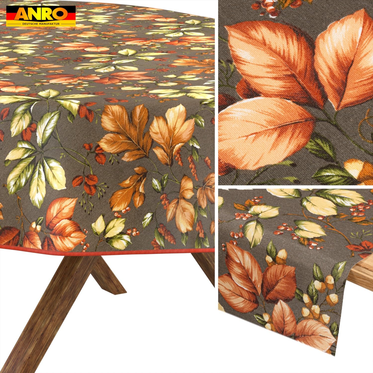ANRO Tischdecke abwaschbar Herbst mit Saum oval 220x140 cm Tischwäsche