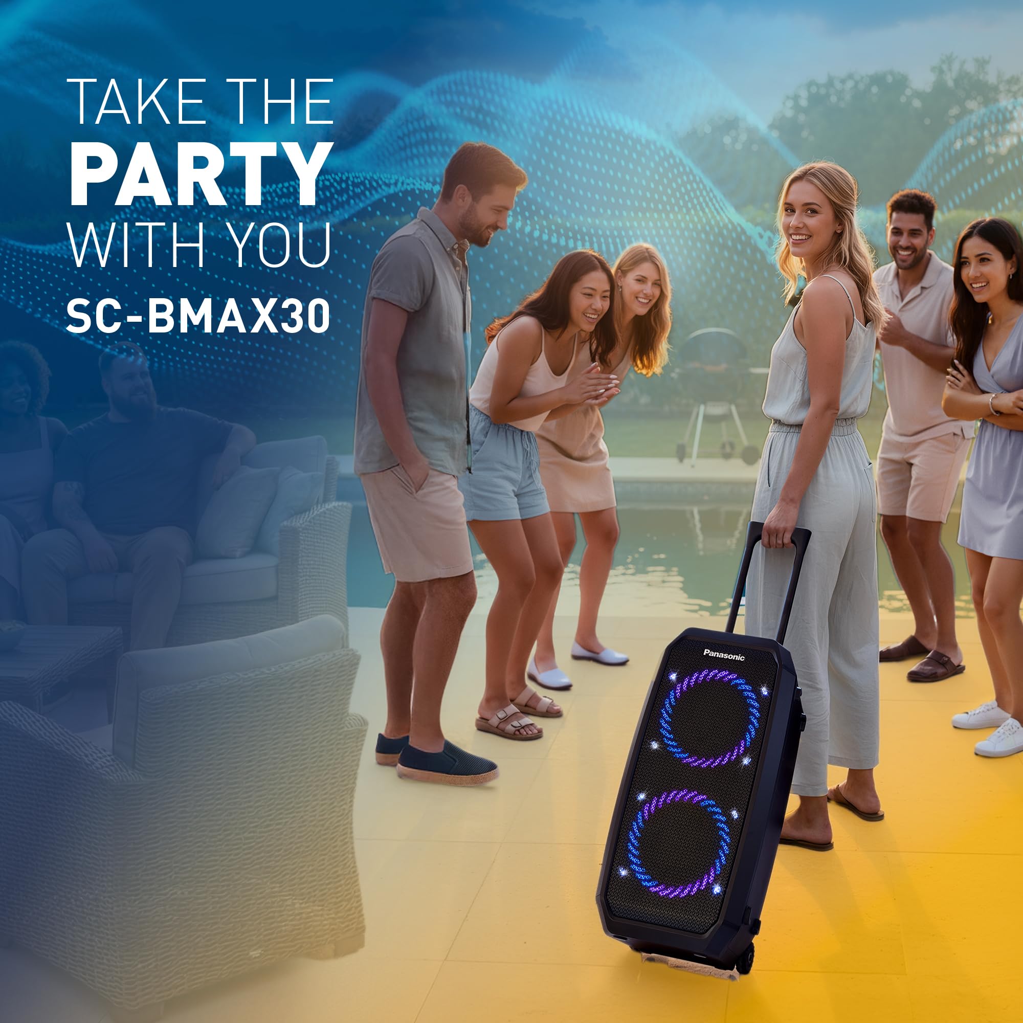 Panasonic SC-BMAX30 Enceinte Portable avec Bluetooth, Lumières Intégrées, Port Bass Reflex, 320 W, 14 Heures d’autonomie, USB, IPX4, Entrées Guitare et Micro pour Karaoké, Noir