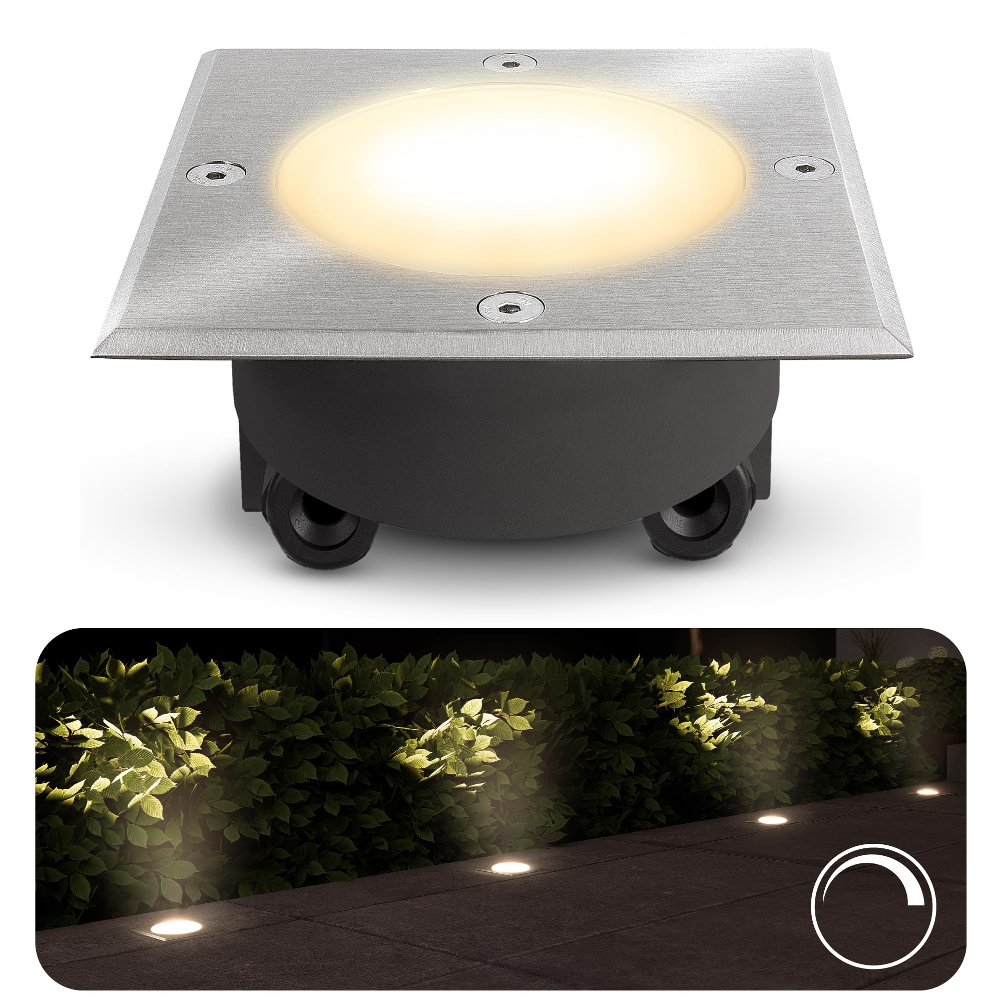 SSC-LUXon VIROK Bodeneinbaustrahler 3er eckig IP67 GX53 6W 3 Lichtfarben | Drei dimmbare Bodenspots eckig IP67 für Garten, Terrasse & Einfahrt - warm / neutral / kalt, befahrbar bis 2t, Wechselglas