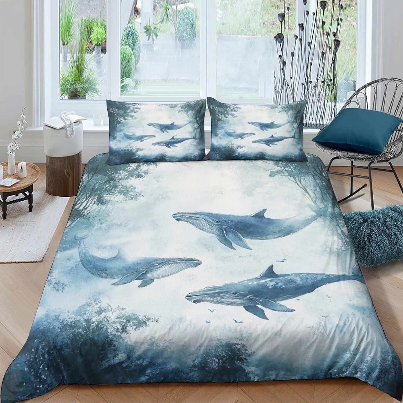 Ctjqhvkz Style-4 3D Printed Ocean Whale Fitted Sheet Microfiber Soft Blue Underwater Mattress Cover Bedroom Decor Machine Washable Single（135X200cm）
