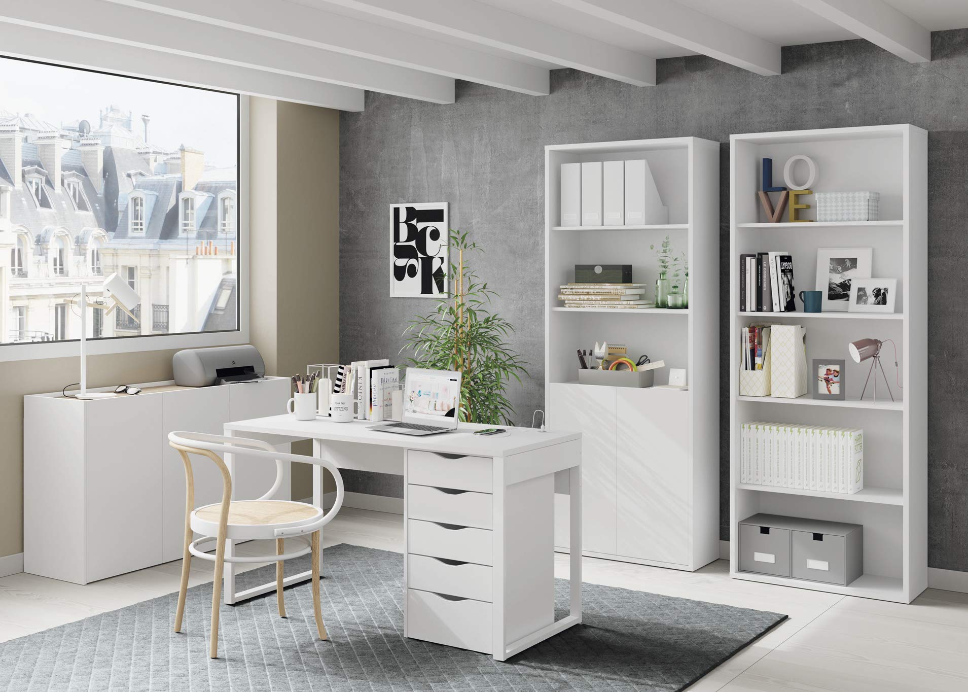 Muebles Pitarch | Tavolo da ufficio con piede metallico, scrivania, tavolo per computer o da studio, bianco, 76x135x60cm (altezza x larghezza x profondità) moderno, modello Nexus