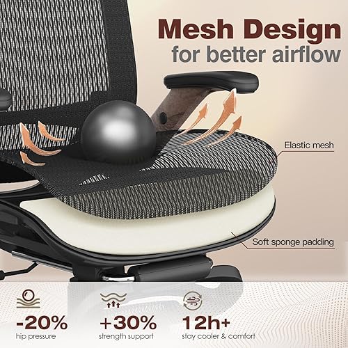 Miniatura 8 de GABRYLLY Silla de oficina ergonómica con reposapiés, silla de computadora de malla de respaldo alto con brazo abatible, reposacabezas 3D,