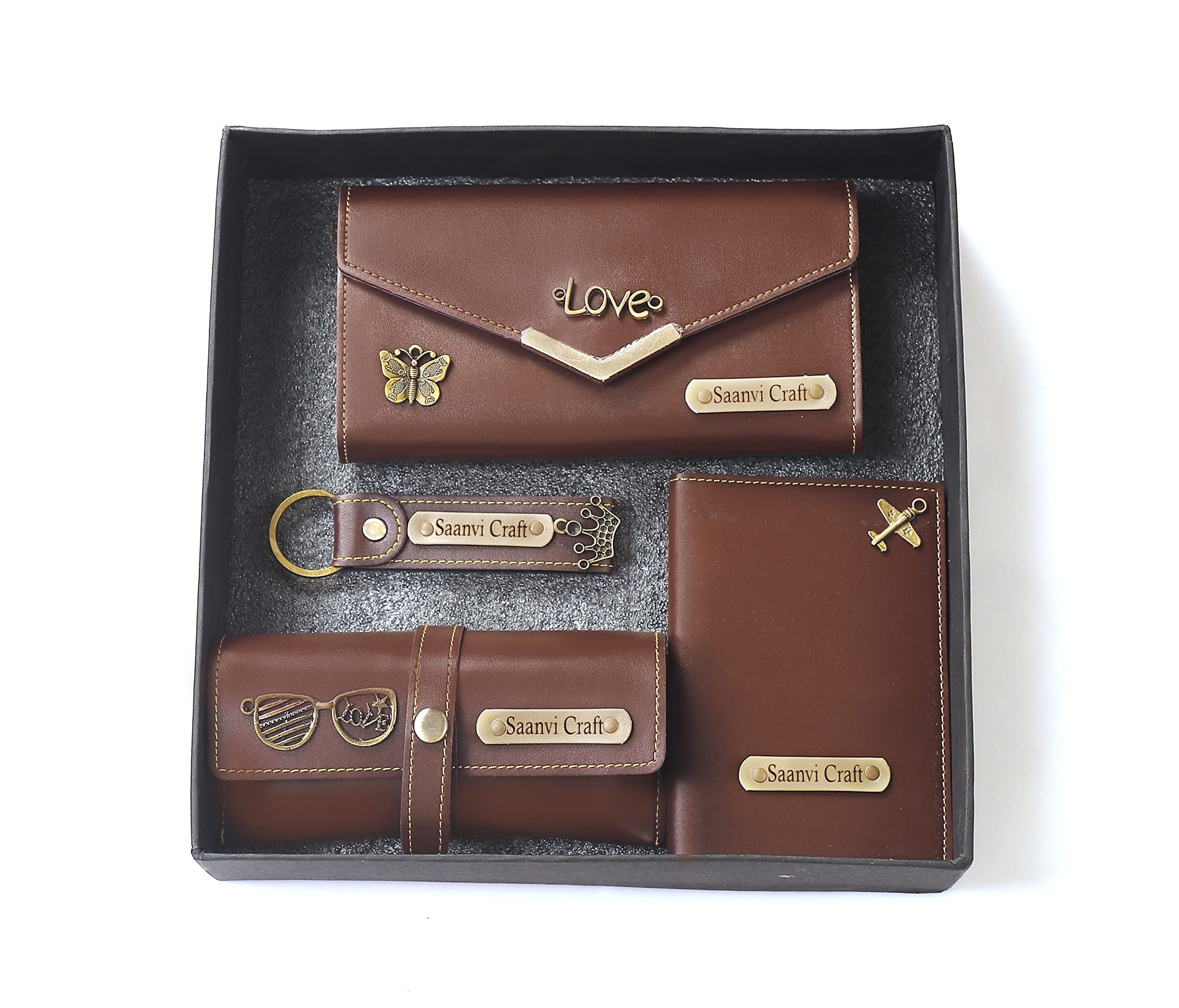Personalized 4 in 1 Ladies Purse/Clutch, Passport Cover with Eye Wear Case, and Metal Keychain Combo - Unisex Combo Accessories, Customized Return Gifts, Birthday Gifts (Brown)-image-27