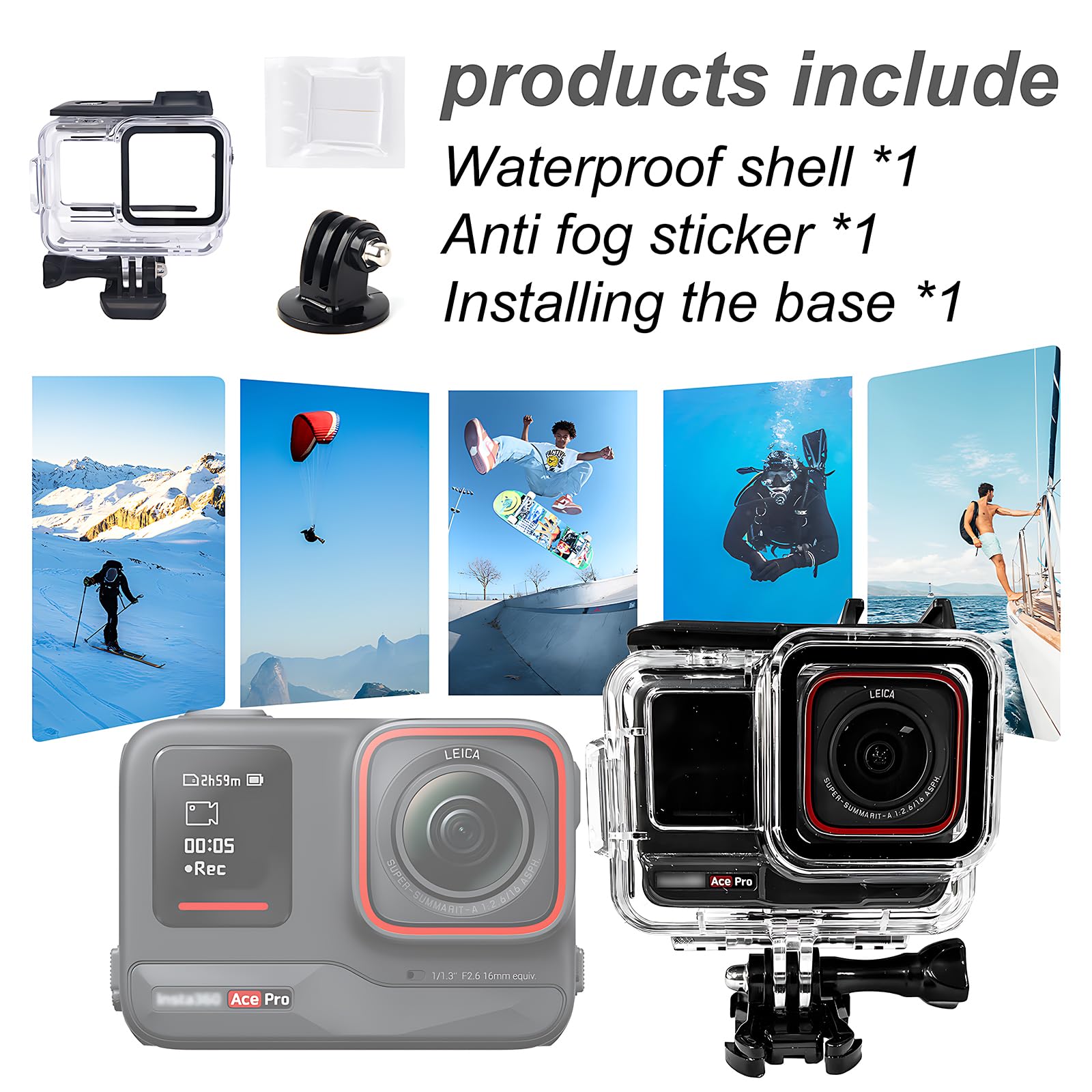 Custodia protettiva impermeabile per Insta360 Ace Pro, impermeabile fino a 60 m, con accessori per staffa