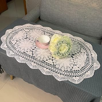 USTIDE Handmade Crochet Oval Table Runner 20x31.5Lace Doilies Table Dresser Scarf Decor Coffee Table Sofa TV Stand Decor Beige