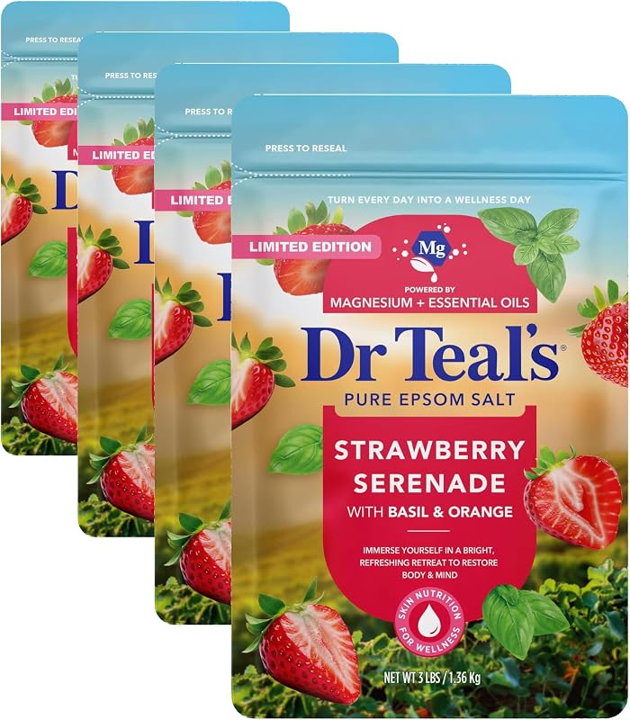 Dr Teal's Sal de Epsom com Sulfato de Magnésio Strawberry Serenade com Manjericão e Laranja, Pacote com 4 de 1,36 kg