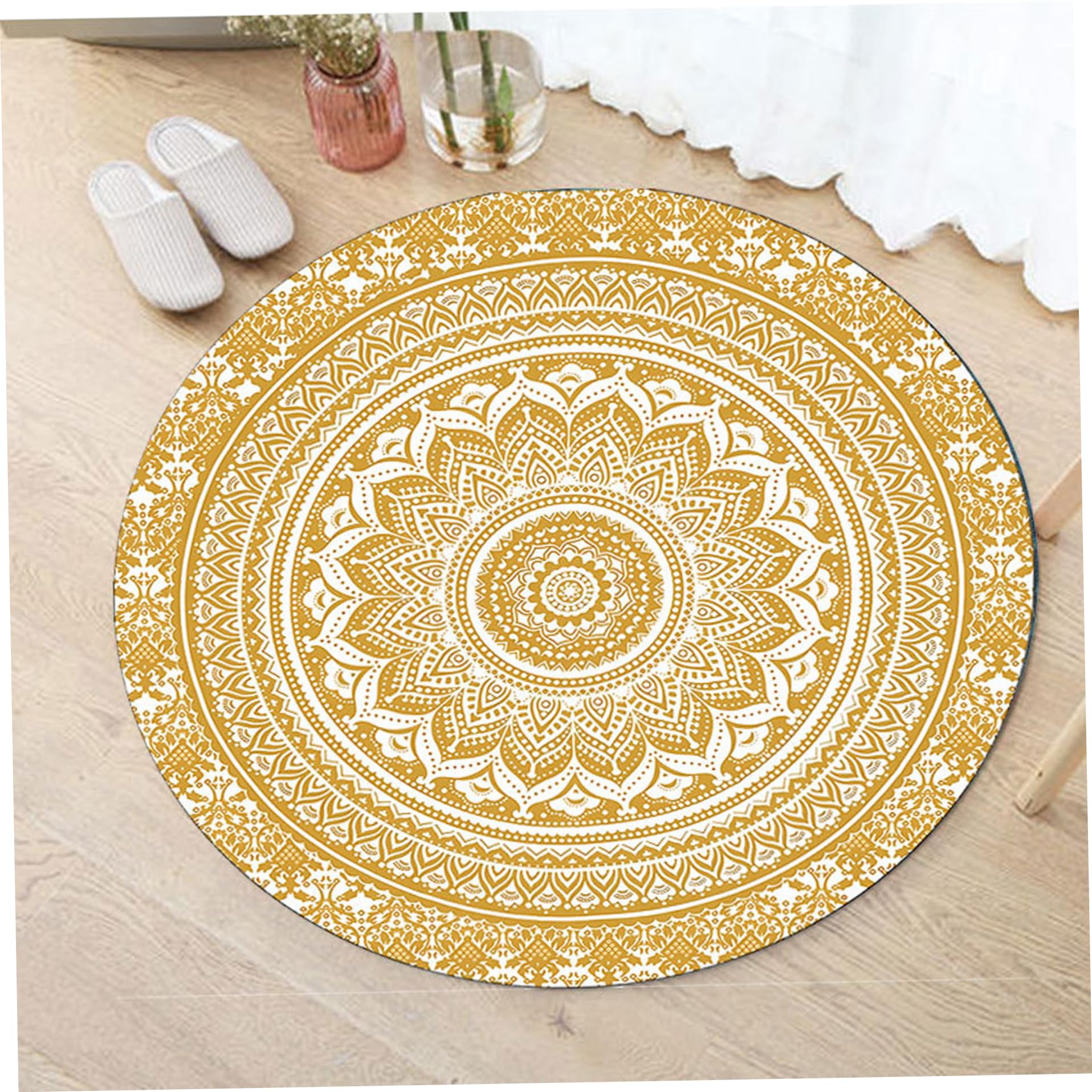 Tapis Boho Rond, Tapis Mandala Confortable de 4 Pieds, Rond Lavable, Circulaire antidérapant pour Chambre à Coucher, Salon, Salle de Jeux