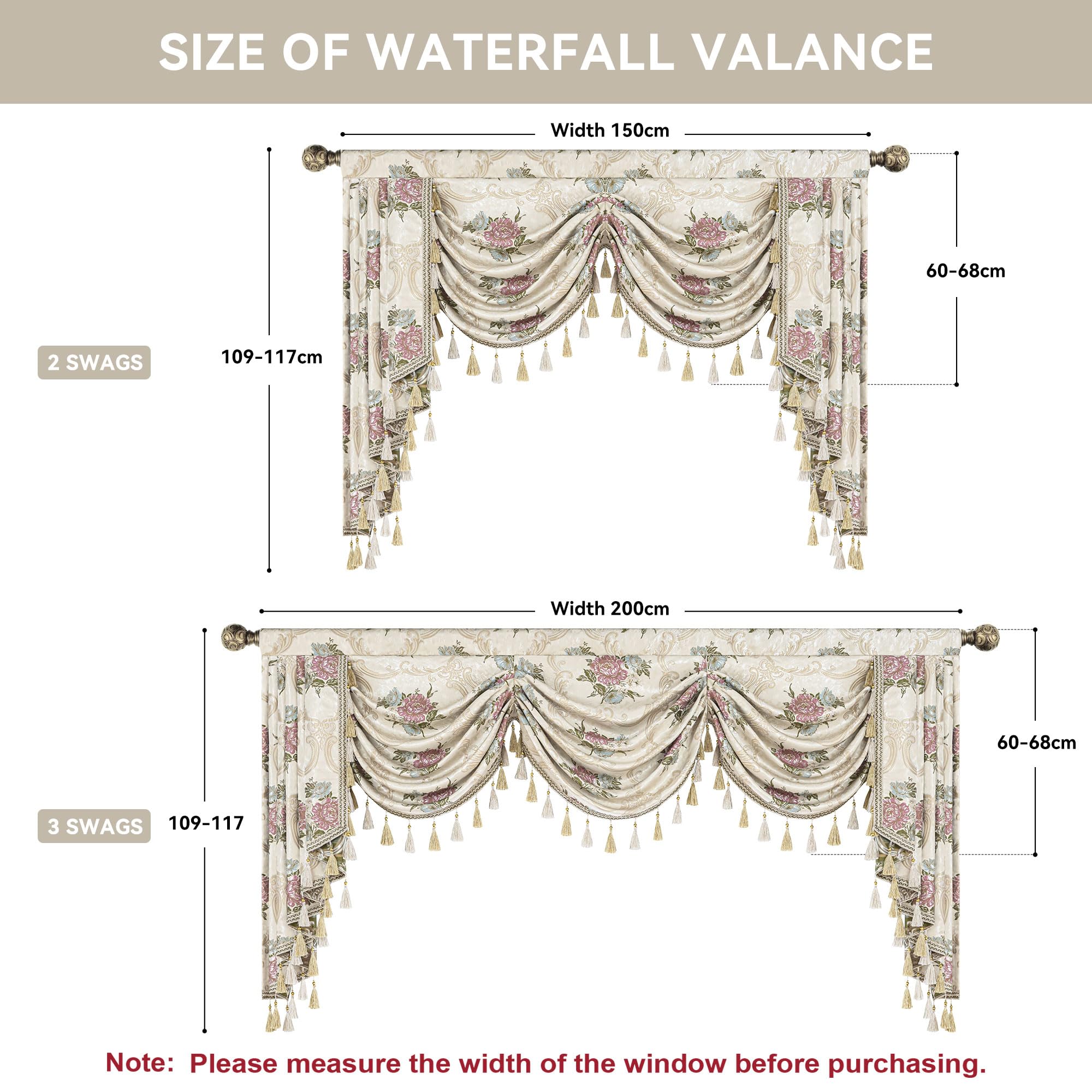Mantovana a Cascata per Finestre, Mantovana Floreale con Nappe, Tenda Corta Jacquard per Camera da Letto Soggiorno Cucina (Larghezza 150cm, Beige)