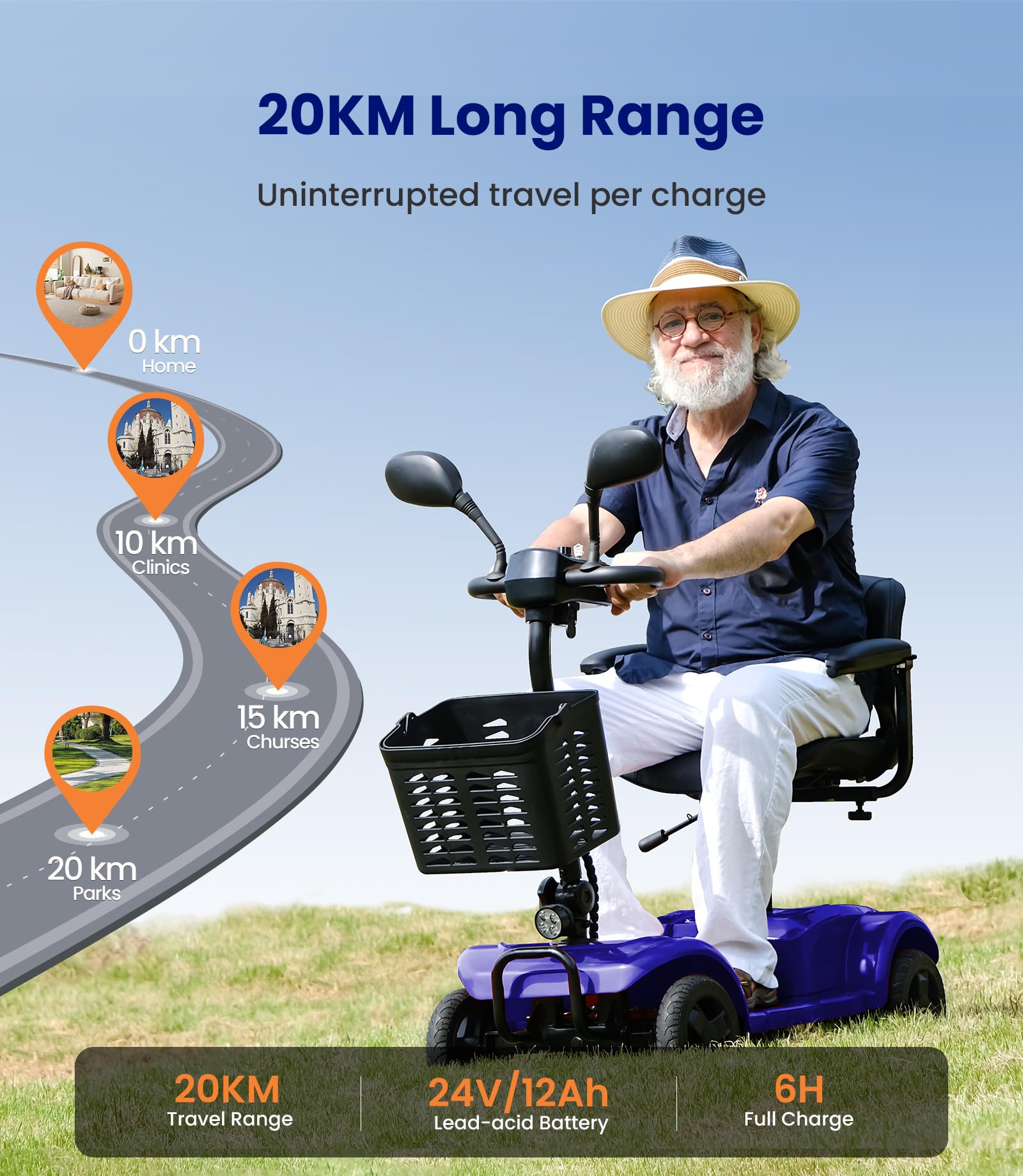 VOCIC D42 Scooter de mobilité Pliable BIS 135KG,20KM Scooter électrique | 4 roues tout terrain avec bâche et panier,Scooter de mobilité stable avec pneus increvables, Support 5 ans| Bleu