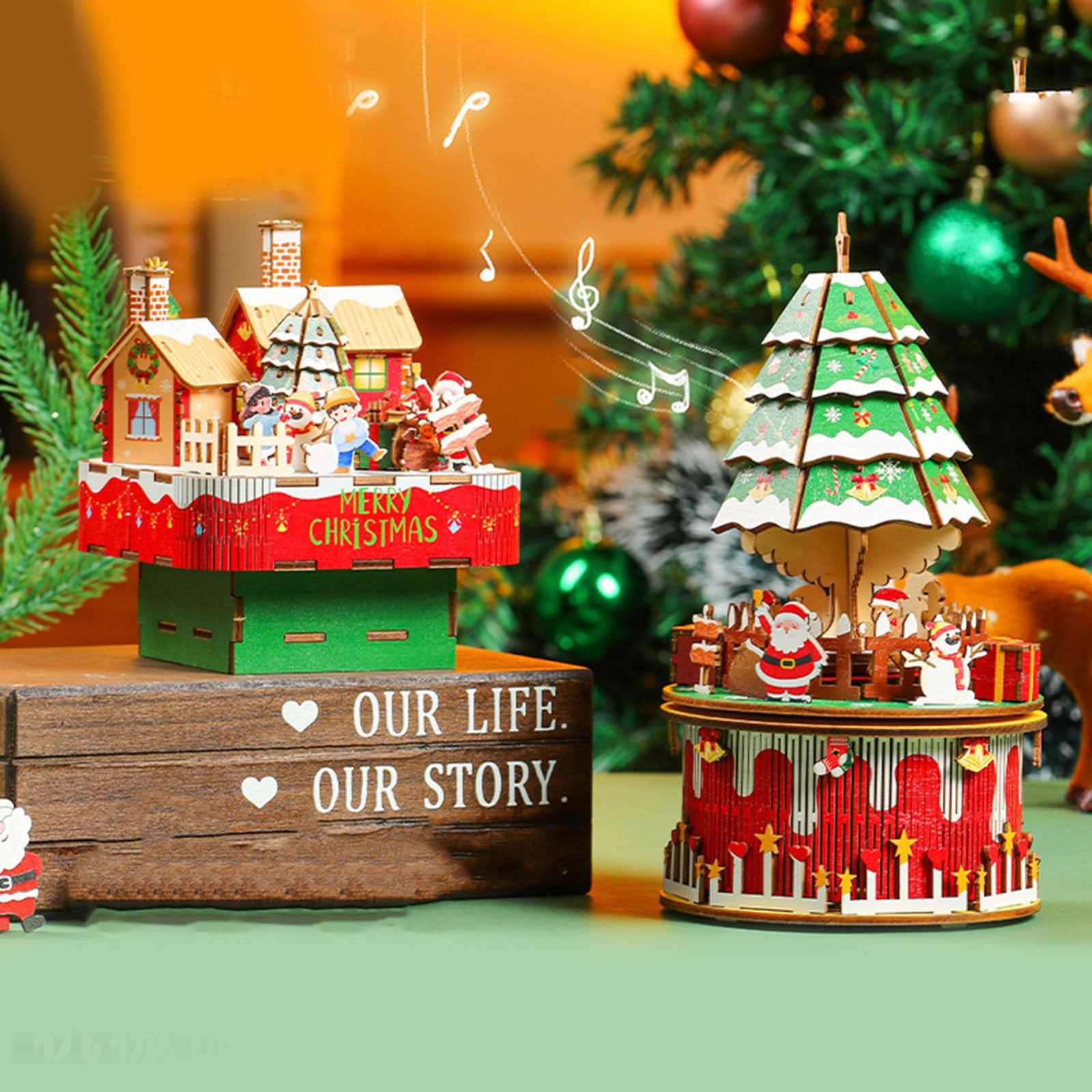 Carillon a forma di albero di Natale, in legno naturale, strumento fai da te con meccanismo musicale rotante, decorazione natalizia musicale