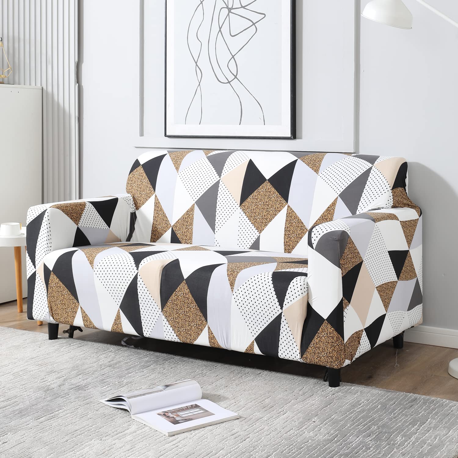 HOKIPO Sofa Cover 2 Seater Fully Covered, Grey Brown Geometric