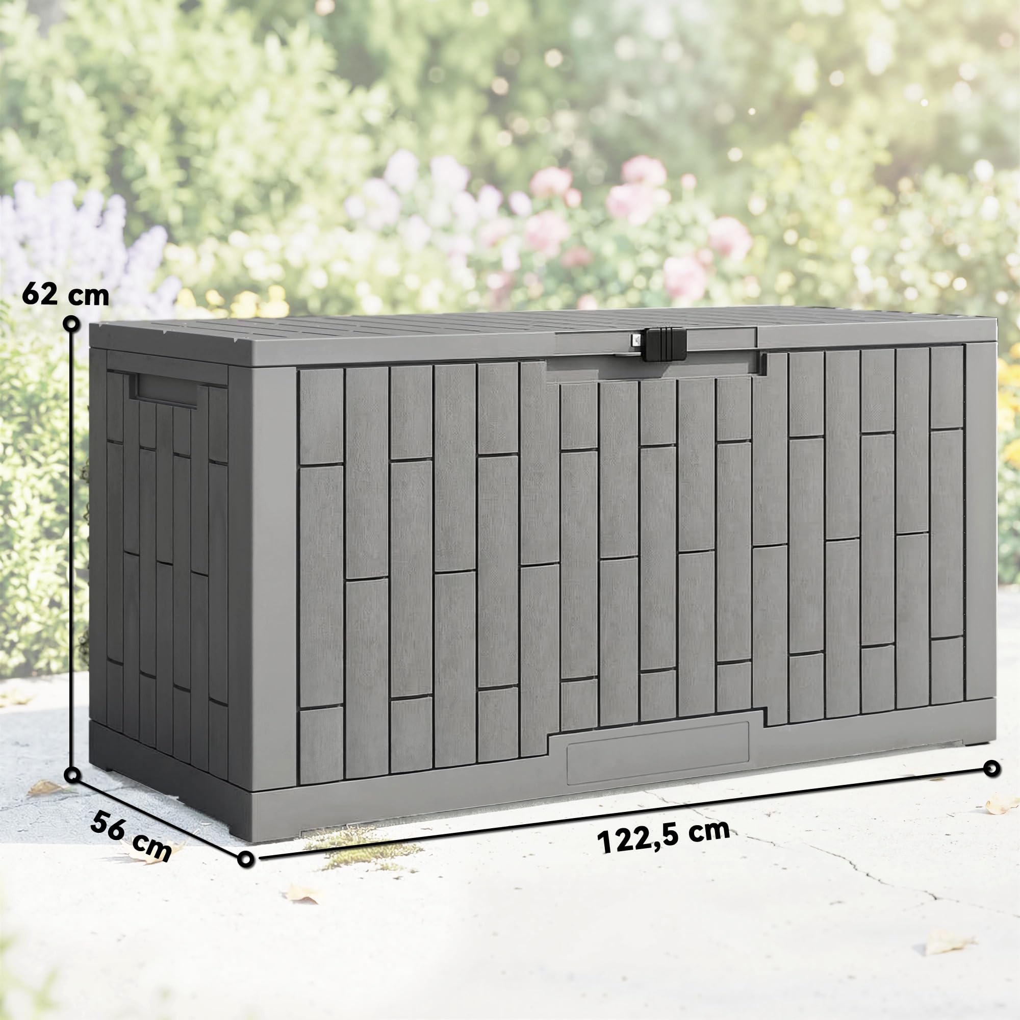 Outsunny Coffre de Rangement Extérieur 379 L Verrouillable avec Vérin à Gaz, Boîte de Jardin en Aspect Bois Résistant aux UV, pour Outils Accessoires, 122,5x56x62cm, Gris