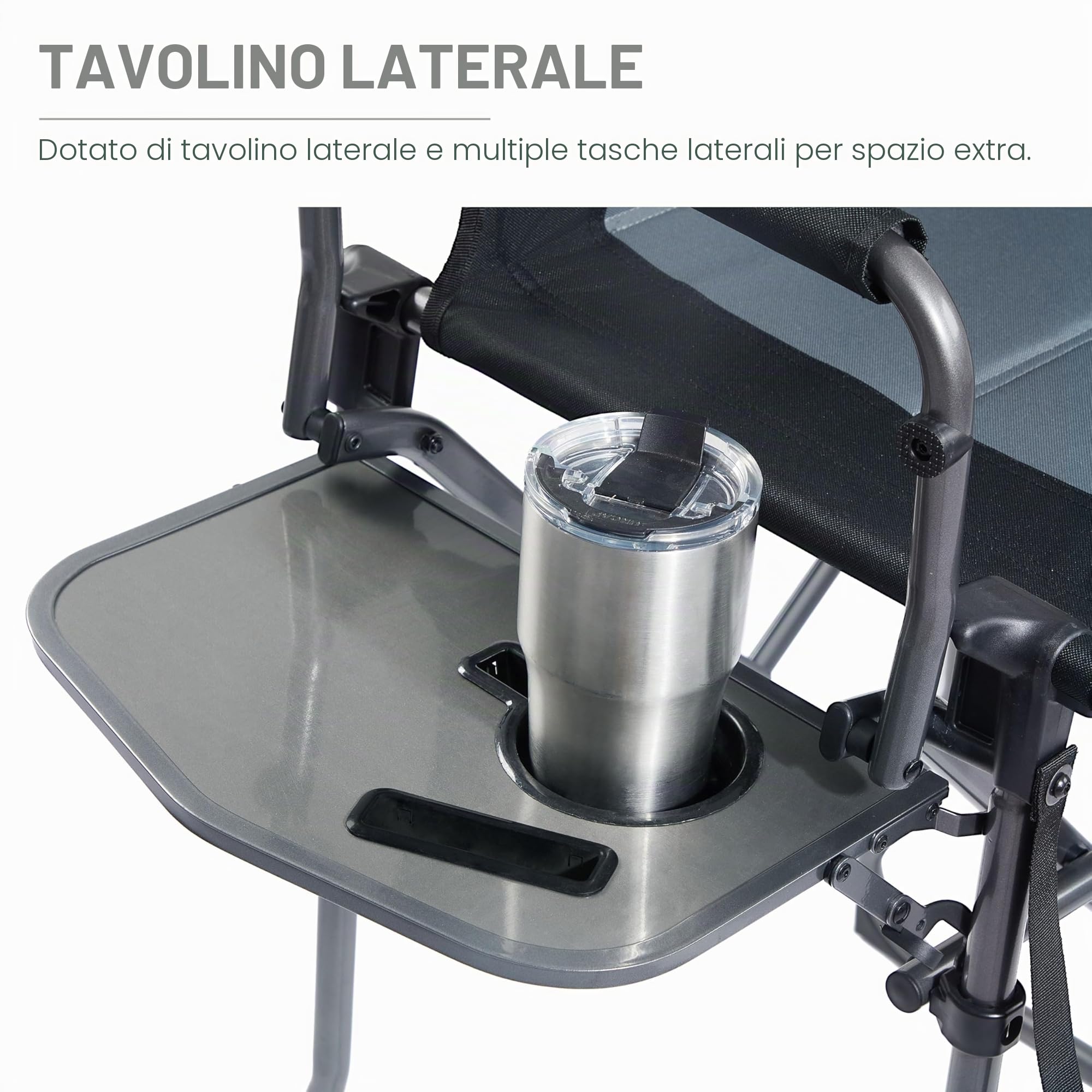 EVER ADVANCED Sedia da regista portatile, altezza seduta 78 cm, pieghevole, da bar, con tavolino laterale, per truccatori, eventi sportivi, mostre artigianali, supporta 160kg, nero