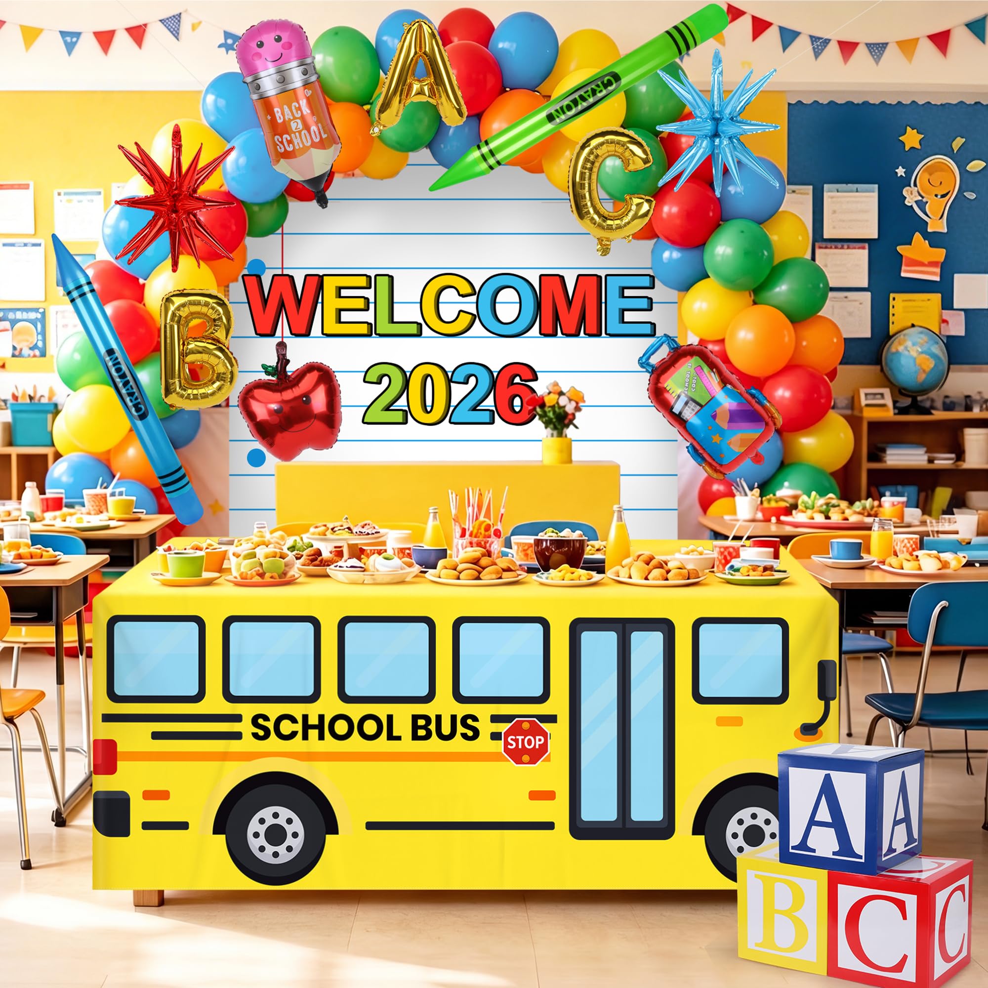 Aneco Kit de decoración de regreso a la escuela, kit de arco de guirnalda de globos con mantel de autobús escolar, cuaderno, telón de fondo, caja ABC inflable para aula, configuración del primer día