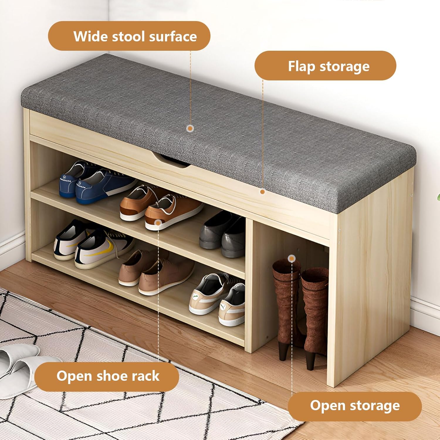 AIZYR Shoe Storage Bench Shoe Bench with Cushion, 3 Tiers Entryway Bench Shoe Rack Organizer for Entryway, Living Room, Hallway, Bedroom,Length 60cm