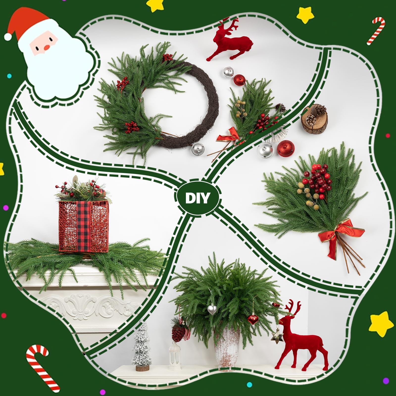 Norfolk-Kiefer-Zweig, 45,7 cm, künstliche Weihnachtsgrünpflanzen, Zweige, künstlicher grüner Stiel, künstliche Zedernkiefern, Picks für Vasen, Basteln, Girlande, Kranz (12, grüner Kiefernzweig)