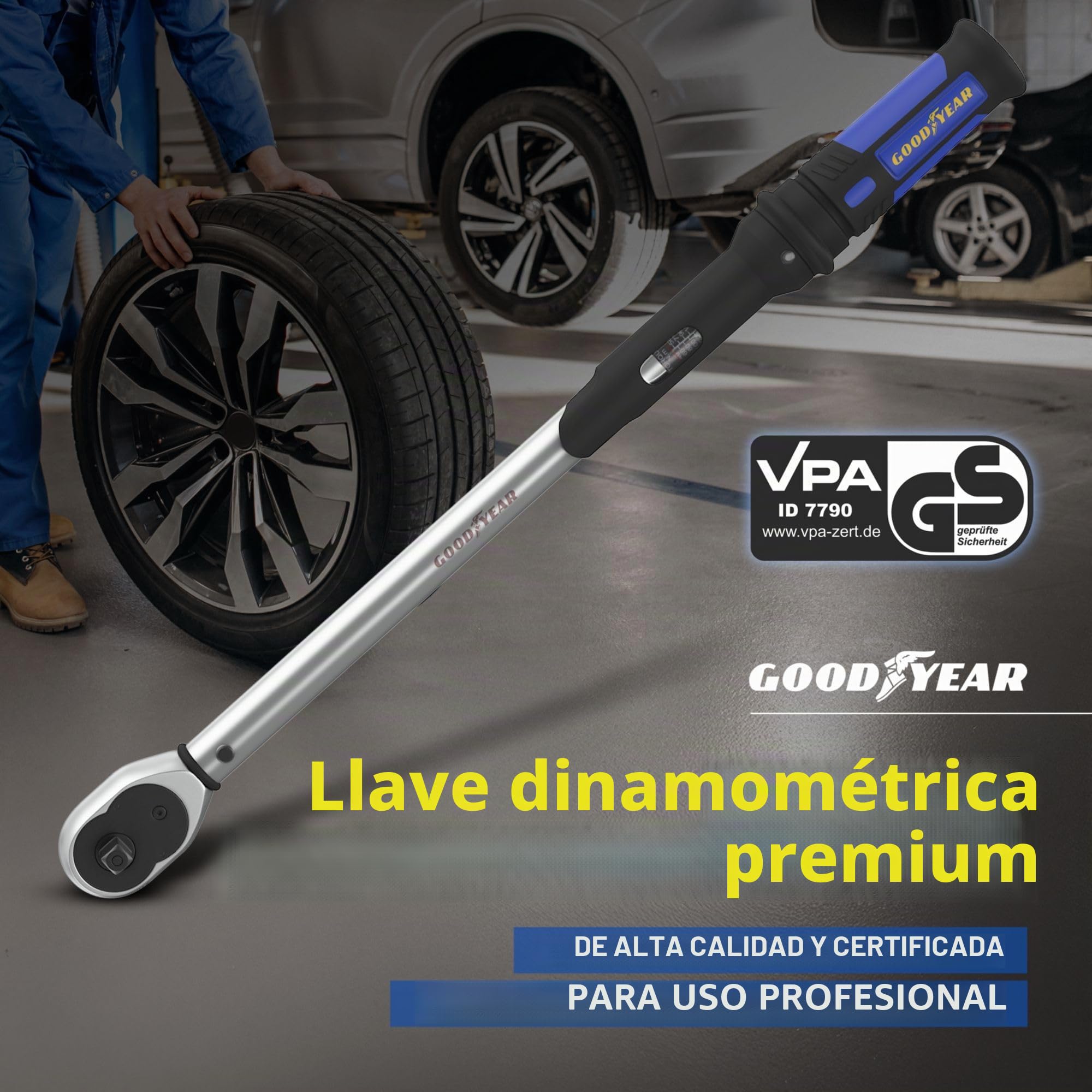 Goodyear Llave dinamométrica de primera calidad, ajustable de 42 a 210 Nm, accionamiento cuadrado de 1/2", incluye extensión y casquillos de 17 mm y 19 mm