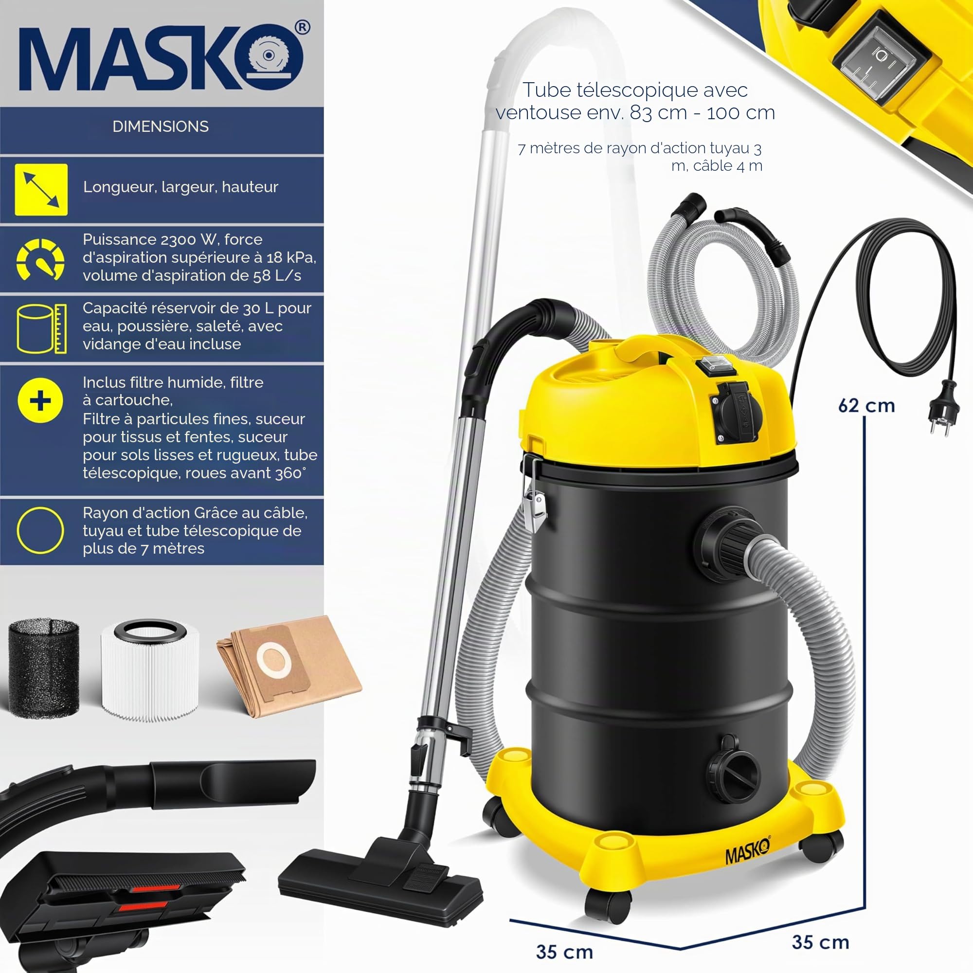 Masko Aspirateur Industriel 6IN1 2300 W Eau et Poussière Soufflage Sec Humide