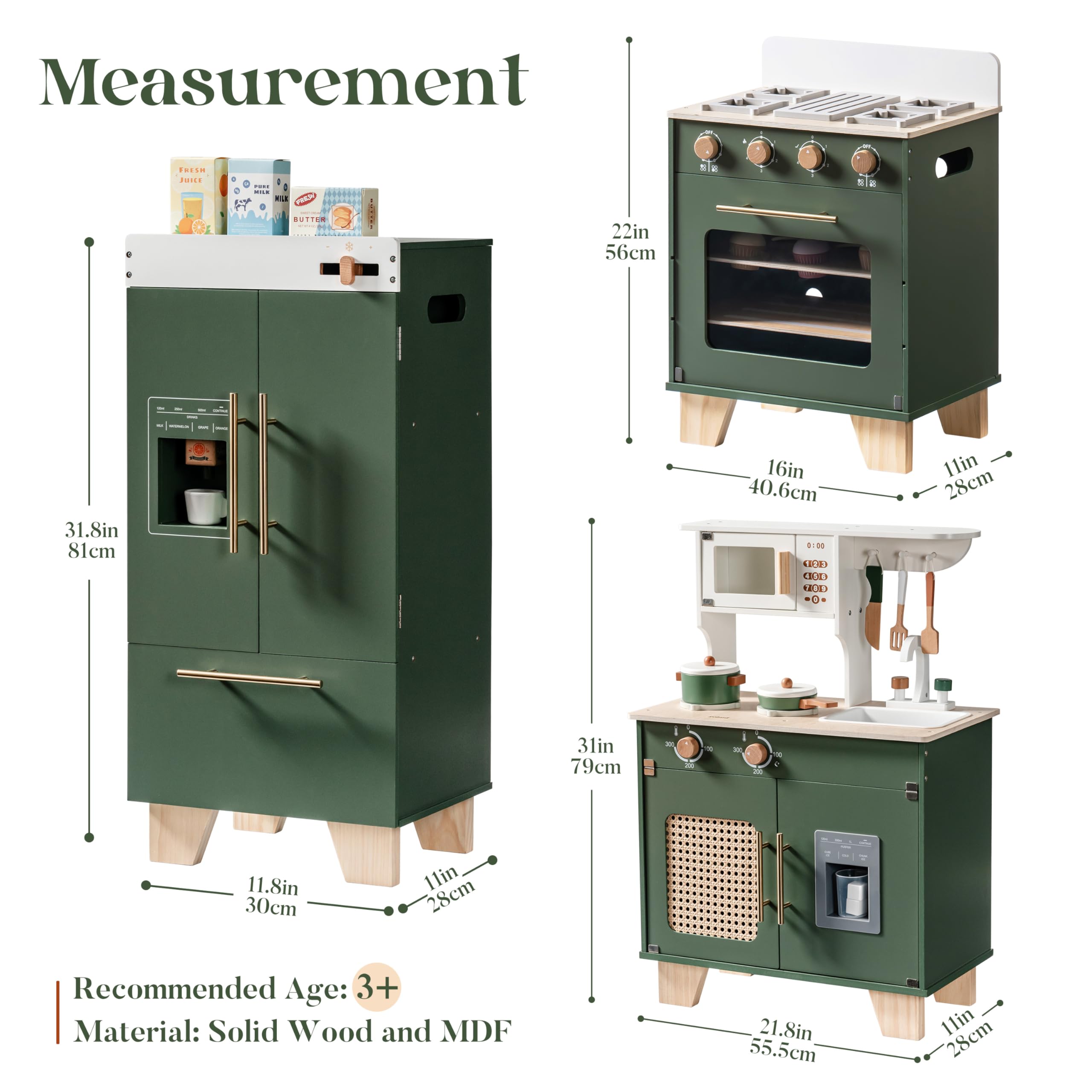 ROBOTIME Spielküche Holz mit Kühlschrank und Backofen, ab 3 Jahren | 3-in-1 Kinderküche Zubehör mit Eisspender, Spüle, Herd, Stauraum und Küchenutensilien, Vintage-Grün, Geschenk für Kinder