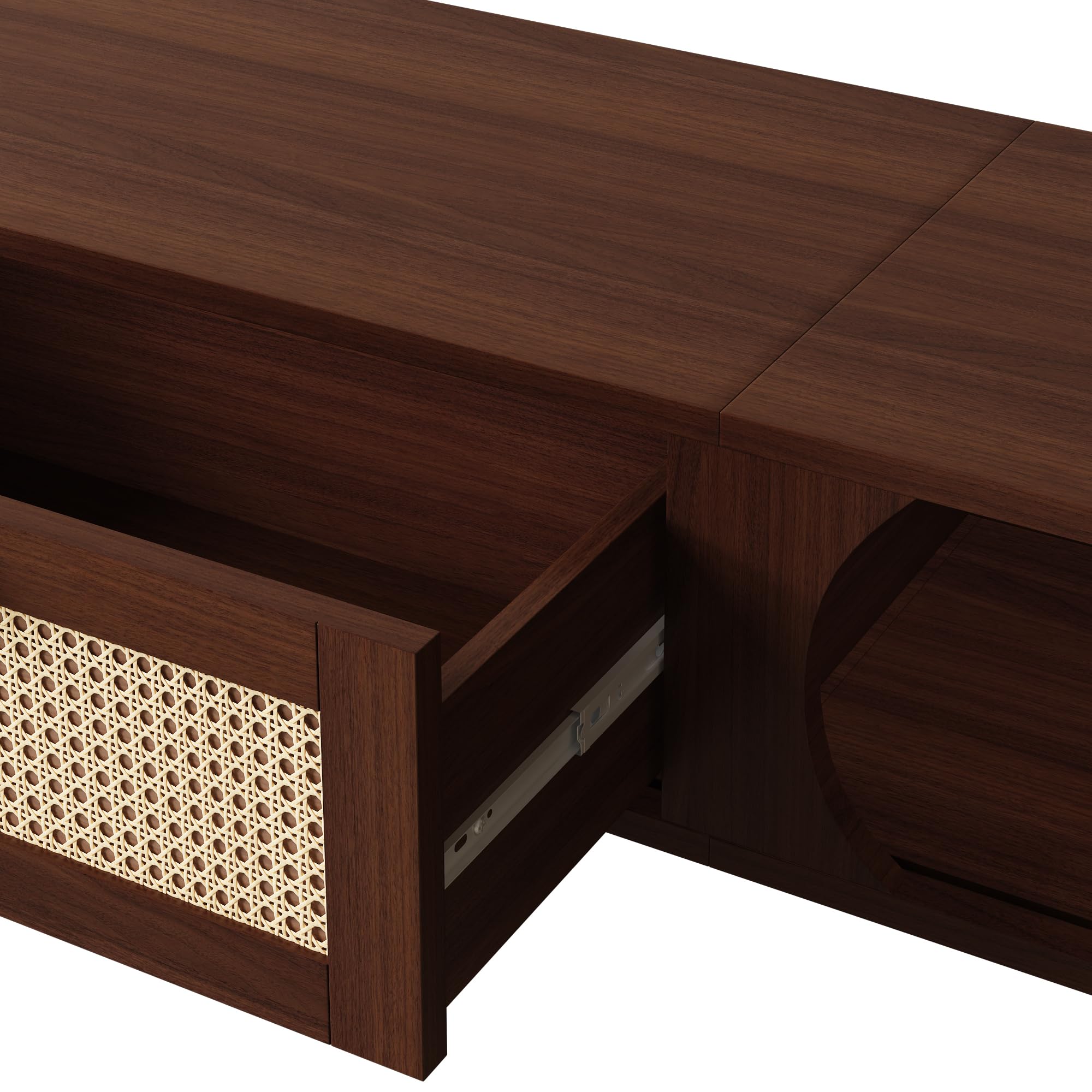 Mobile TV - Mobile TV con ante in legno naturale e cassetti in rattan, soluzioni naturali per un ambiente rustico