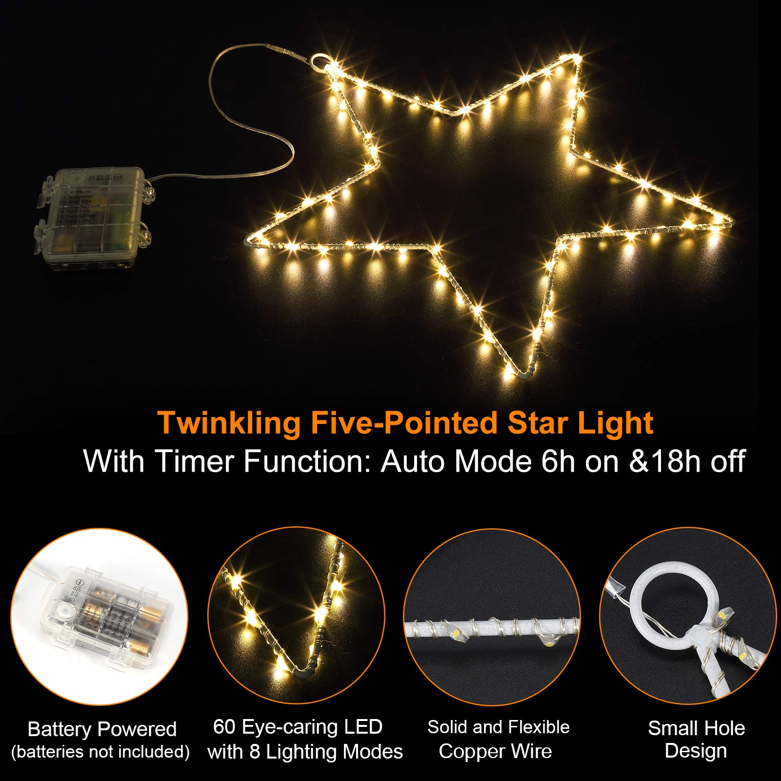 Litake Lot de 5 étoiles lumineuses de Noël à 60 LED de 6 m pour chaque fenêtre, Halloween, fil de cuivre, fonctionne avec piles, 8 modes d'éclairage pour Noël, mariage, fête, intérieur, extérieur (5)