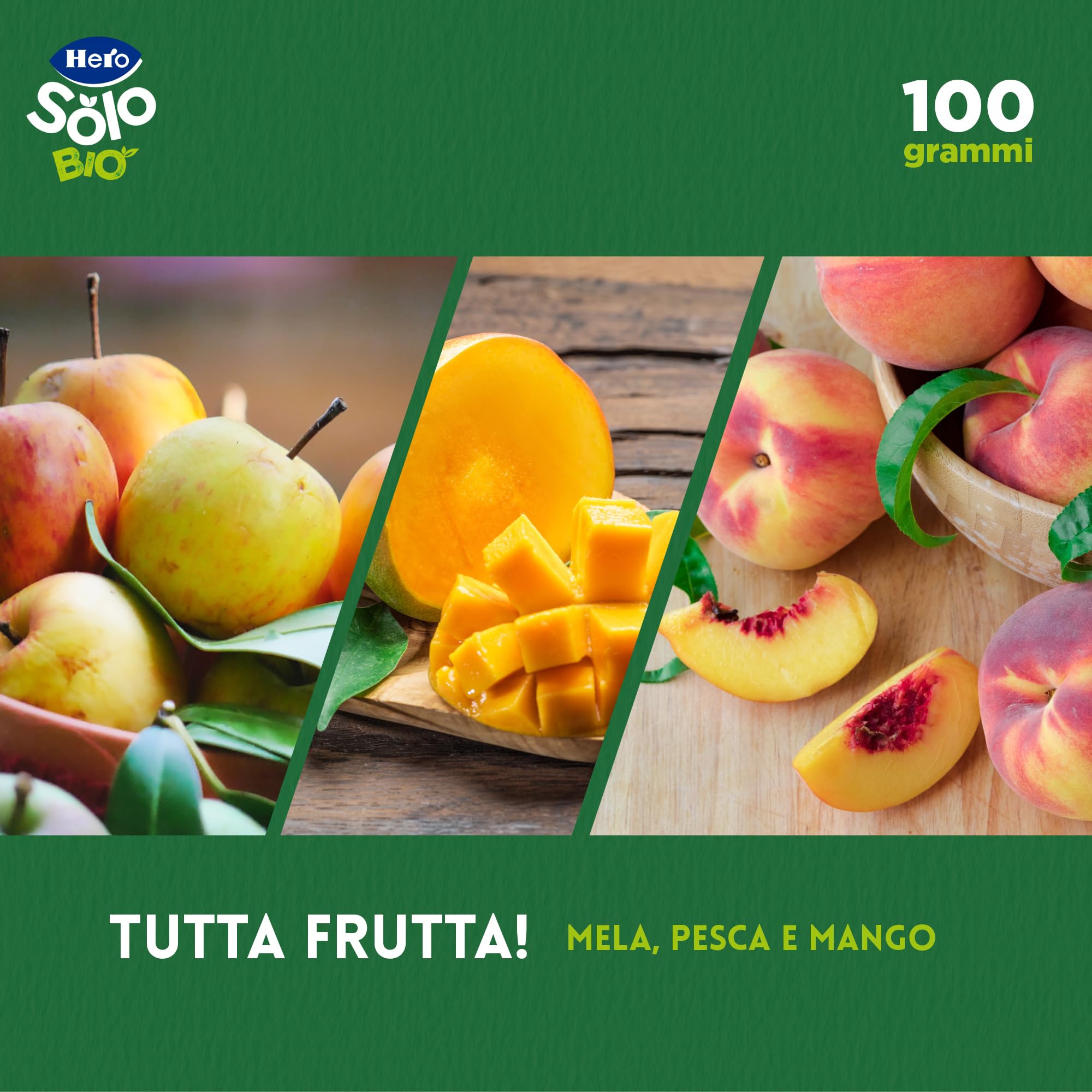 Hero Solo Bio Frutta Frullata 100% Bio, Senza Zuccheri Aggiunti, Purea di Mela, Pesca, Mango - 18 Confezioni da 100 gr