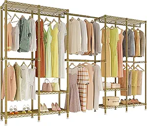 H5 Pro Heavy Duty Clothes Rack Wardrobe Closet for Hanging Clothes, Freestanding Garment Rack with Expandable Hanger Rods, Closet Organizer and Storage, (97.7-115.4")L x 15.7"W x 75.4"H, Gold