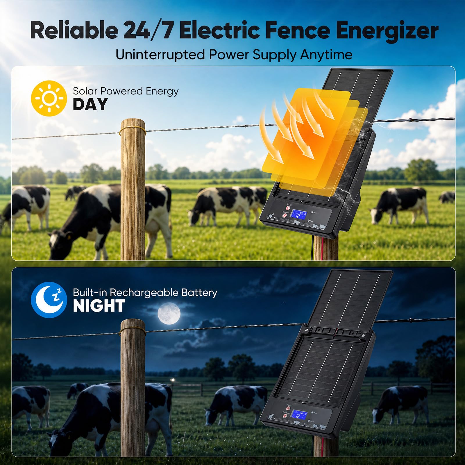 Pastor Eléctrico Solar con Panel Solar Plegable Dual, 16 KM de Alcance, 0,3-2J, 6KV-12KV Ajustable, Batería de Litio 18000mAh, IP55, Electrificador para Aves de Corral, Ganado