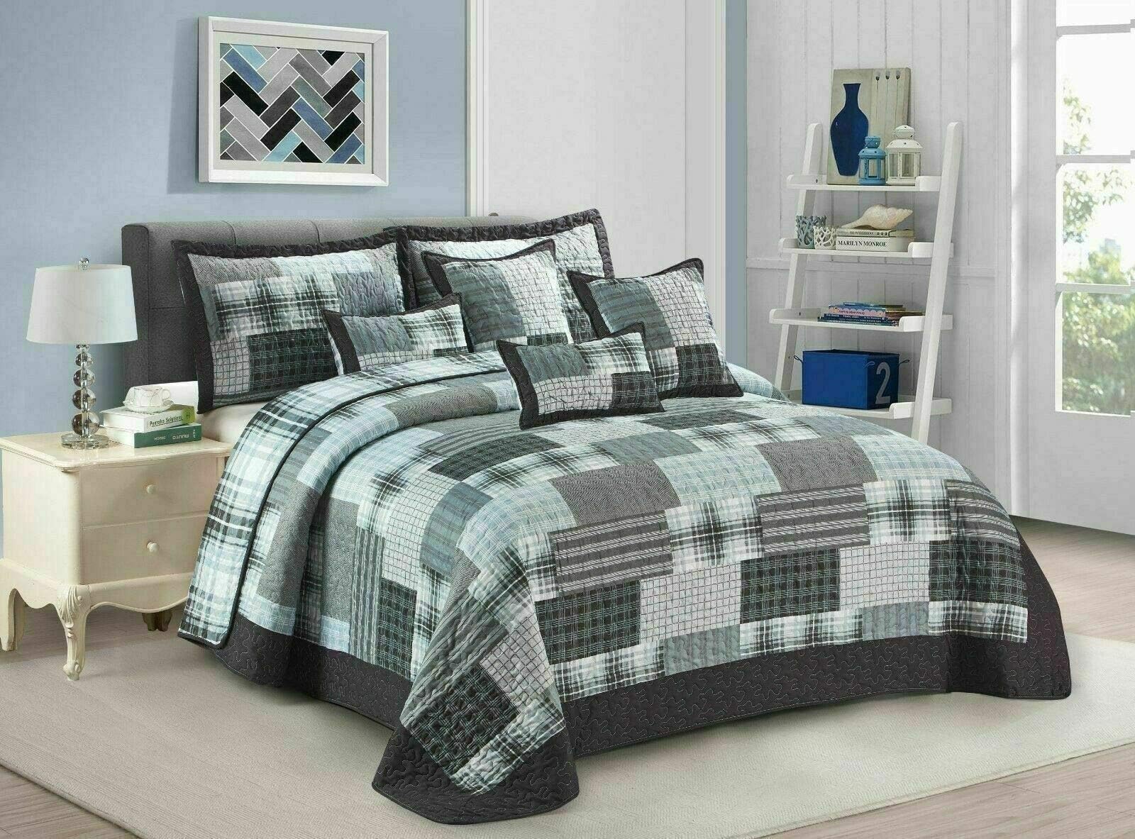 PRIME LINENS Quilted Patchwork Bedspread Bed Throw 3 Piece Embossed Coverlet with 2 Pillow Shams (Check Denim Grey, Double)