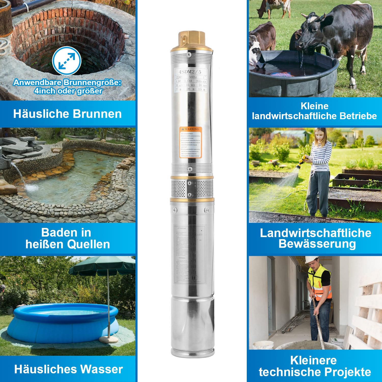 Pompe de puits immergée 750 W - 4 m³/h hauteur de refoulement 67 m - Pompe de puits en acier inoxydable + bec en laiton - Résistant au sable pour eau domestique et jardin - Avec boîtier de