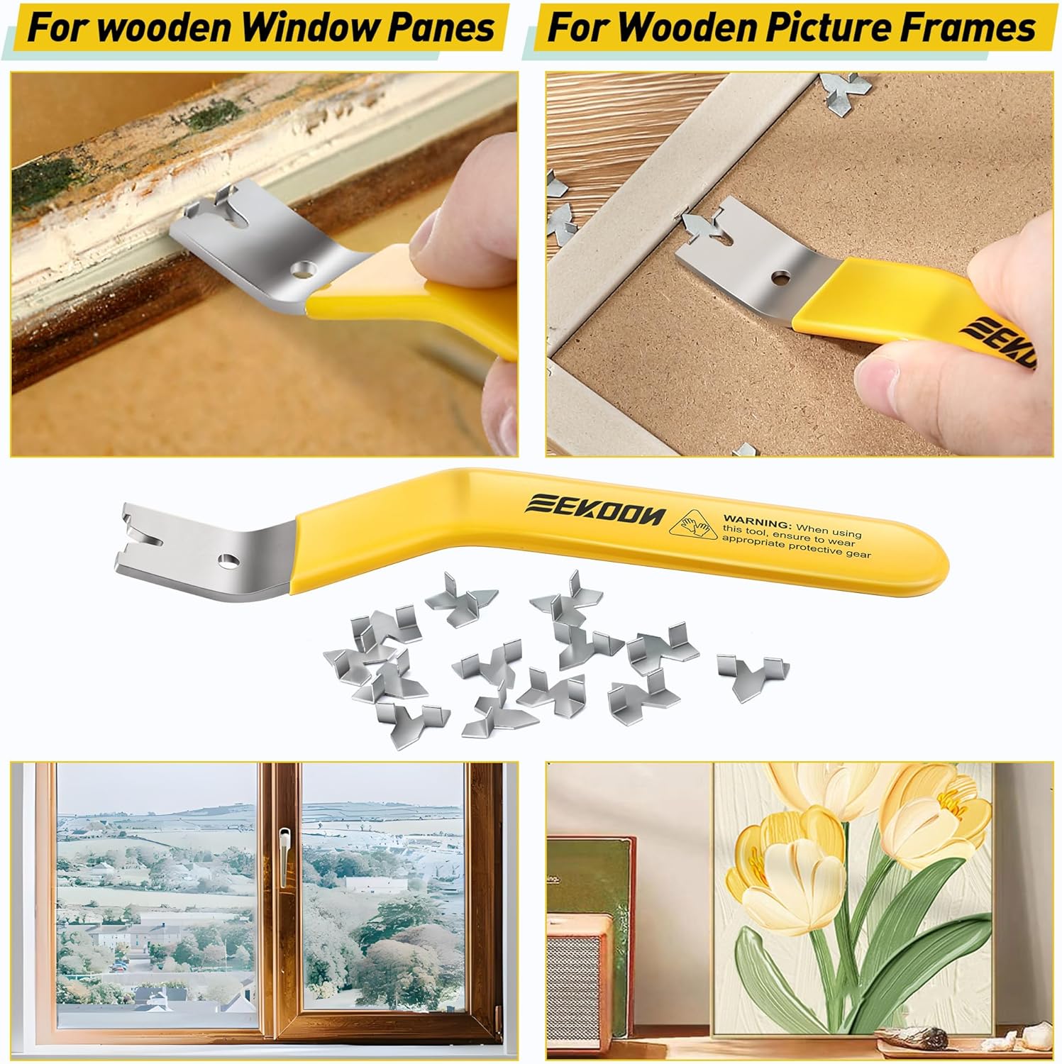 Feekoon Glazier Point Driver, Glazier Setting Tool with 100 Push Points, Glazing Push Point Driver Tool for Framing Glass Picture Cross Stitch(Yellow,1 Pack)